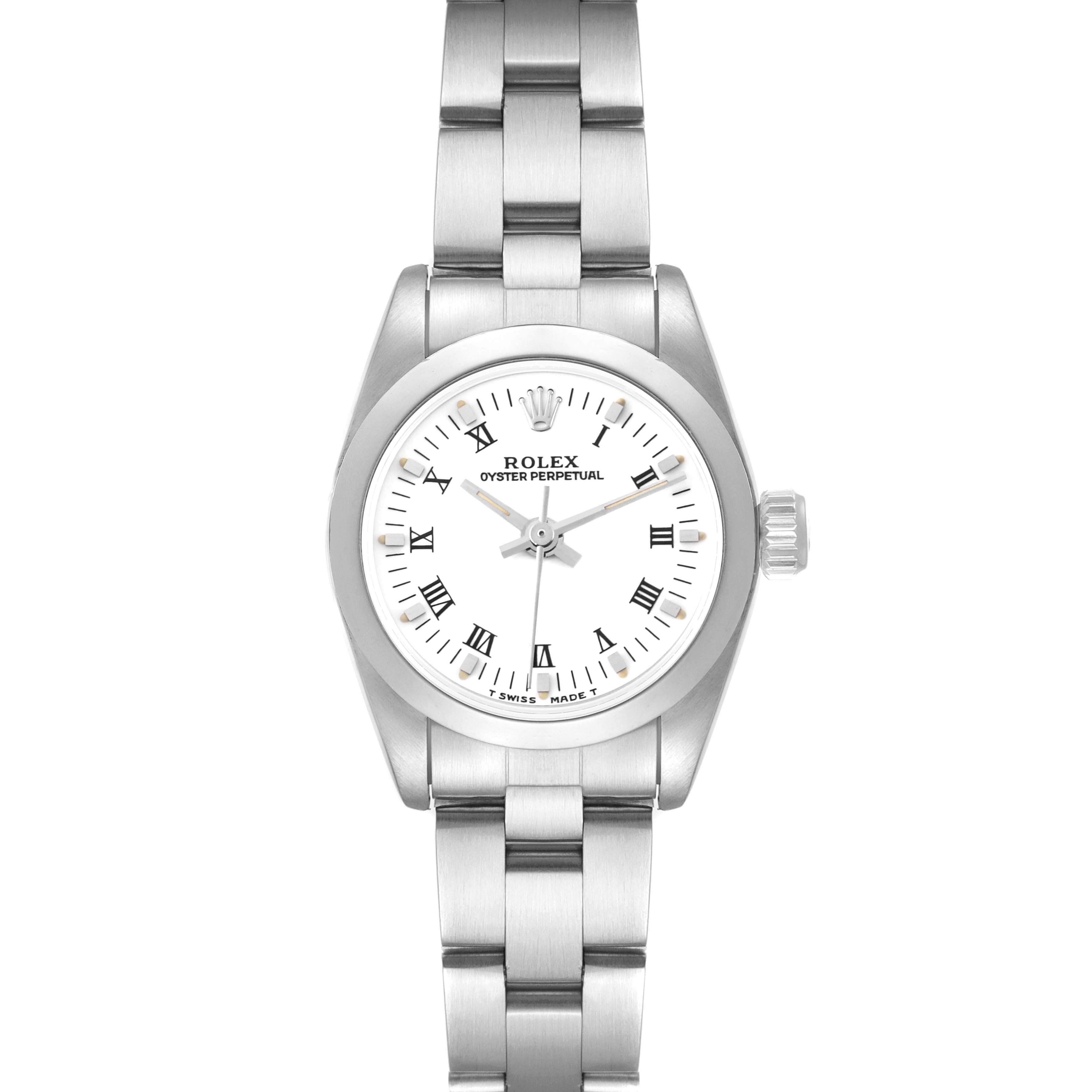The Rolex Oyster Perpetual 67180 Women's Stainless Steel White Dial 67180 Women's Stainless Steel White Dial watch is shown from a top-down angle, displaying the full face and bracelet.