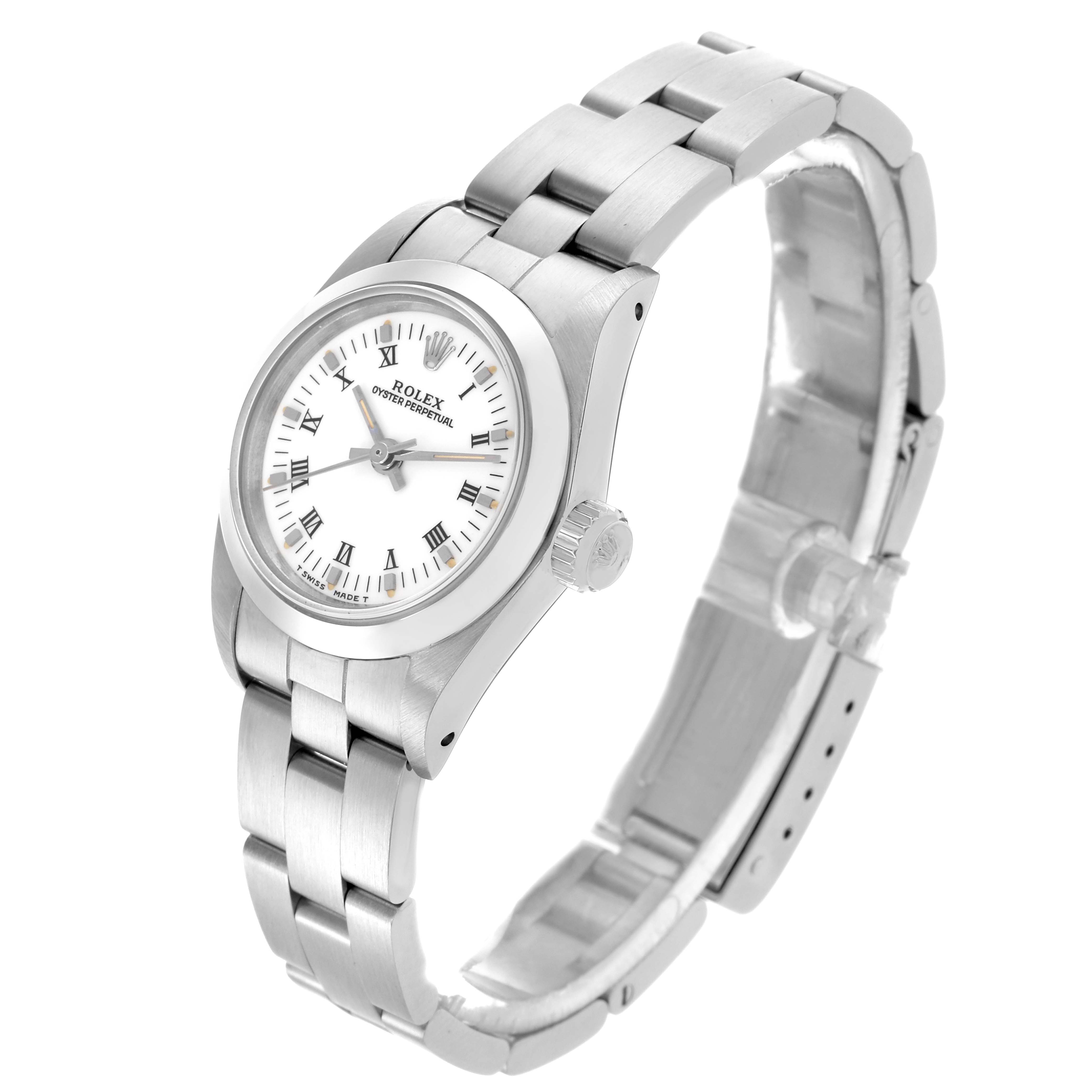 The image shows a Rolex Oyster Perpetual 67180 Women's Stainless Steel White Dial 67180 Women's Stainless Steel White Dial watch at a side angle, highlighting the bracelet, bezel, crown, and white dial with Roman numerals.