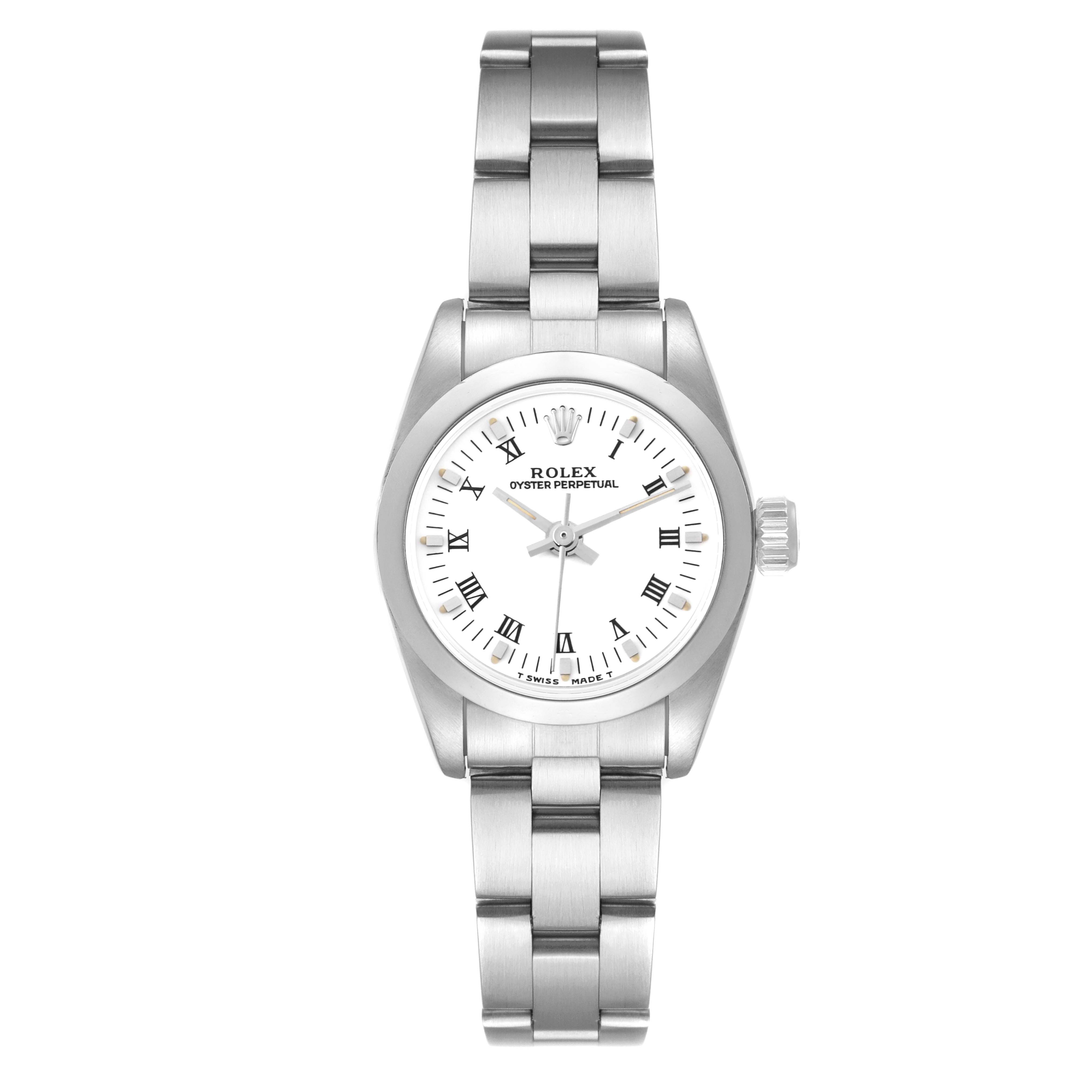 The Rolex Oyster Perpetual 67180 Women's Stainless Steel White Dial 67180 Women's Stainless Steel White Dial watch is shown from a front angle, displaying its face, hour markers, hour and minute hands, and bracelet.