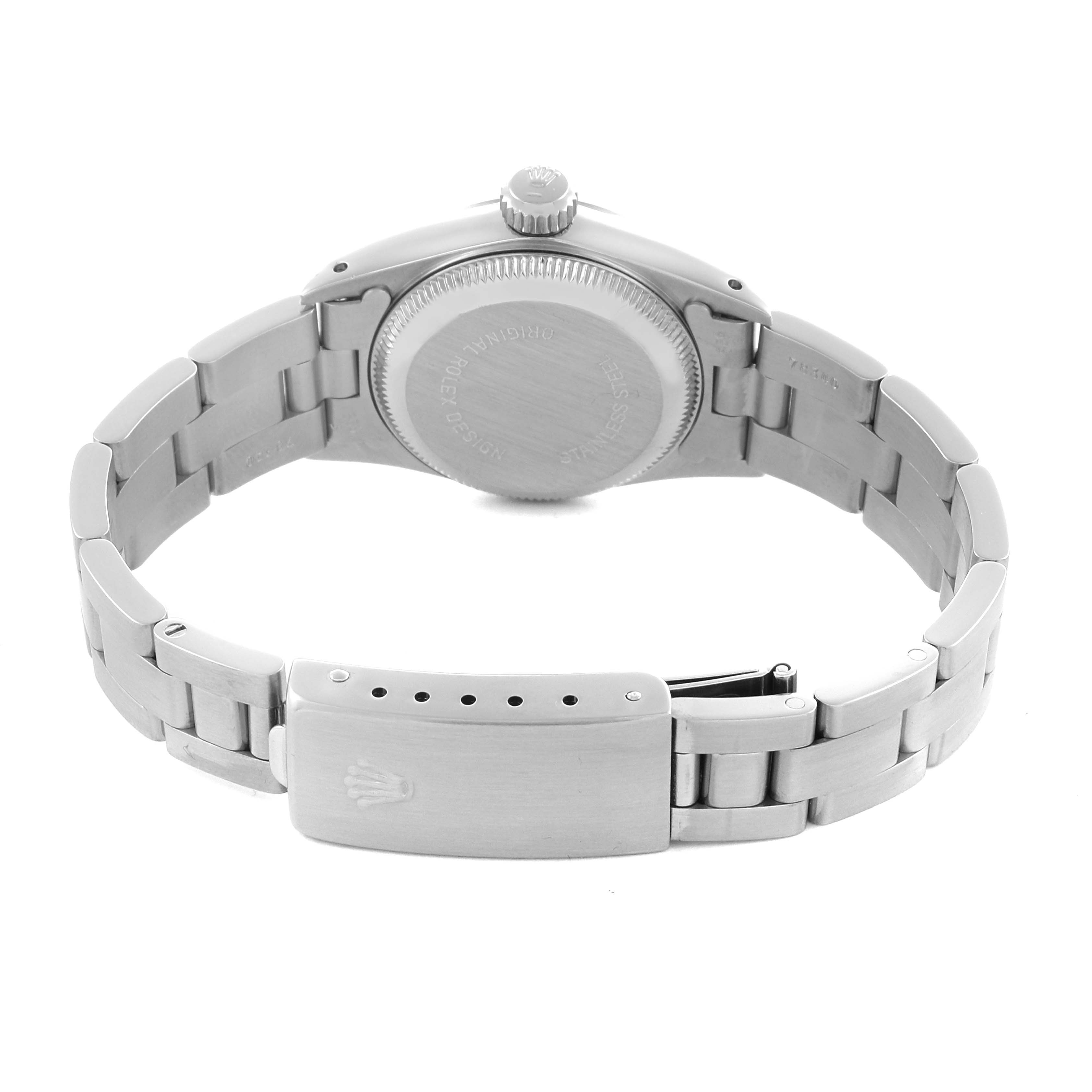 The Rolex Oyster Perpetual 67180 Women's Stainless Steel White Dial 67180 Women's Stainless Steel White Dial watch is shown from the back, displaying the case back, bracelet, and clasp.