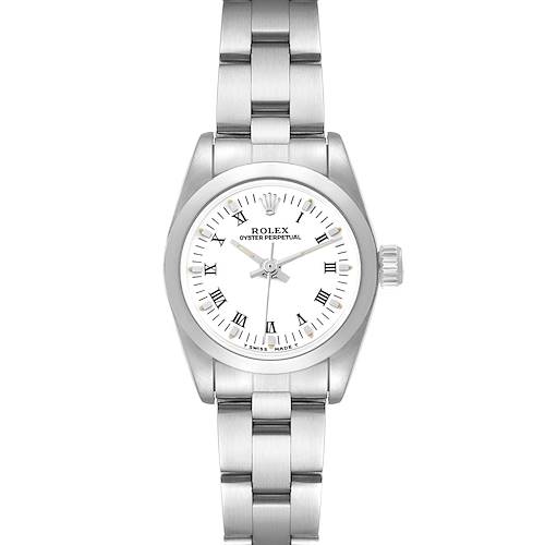 The Rolex Oyster Perpetual watch is shown from the front, displaying the dial, crown, and part of the bracelet.