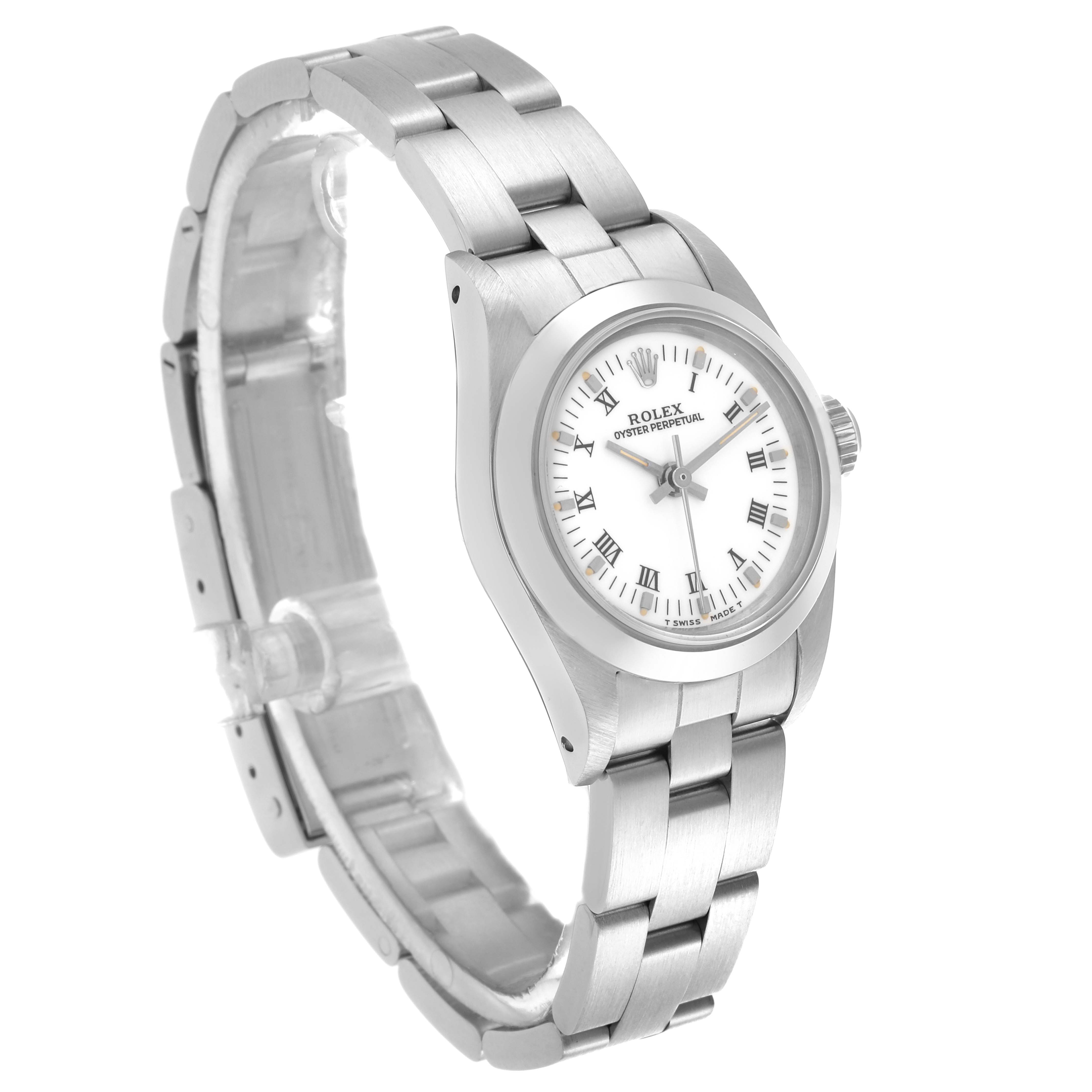 The Rolex Oyster Perpetual 67180 Women's Stainless Steel White Dial 67180 Women's Stainless Steel White Dial watch is shown at a three-quarter angle displaying the face, bezel, and part of the bracelet.