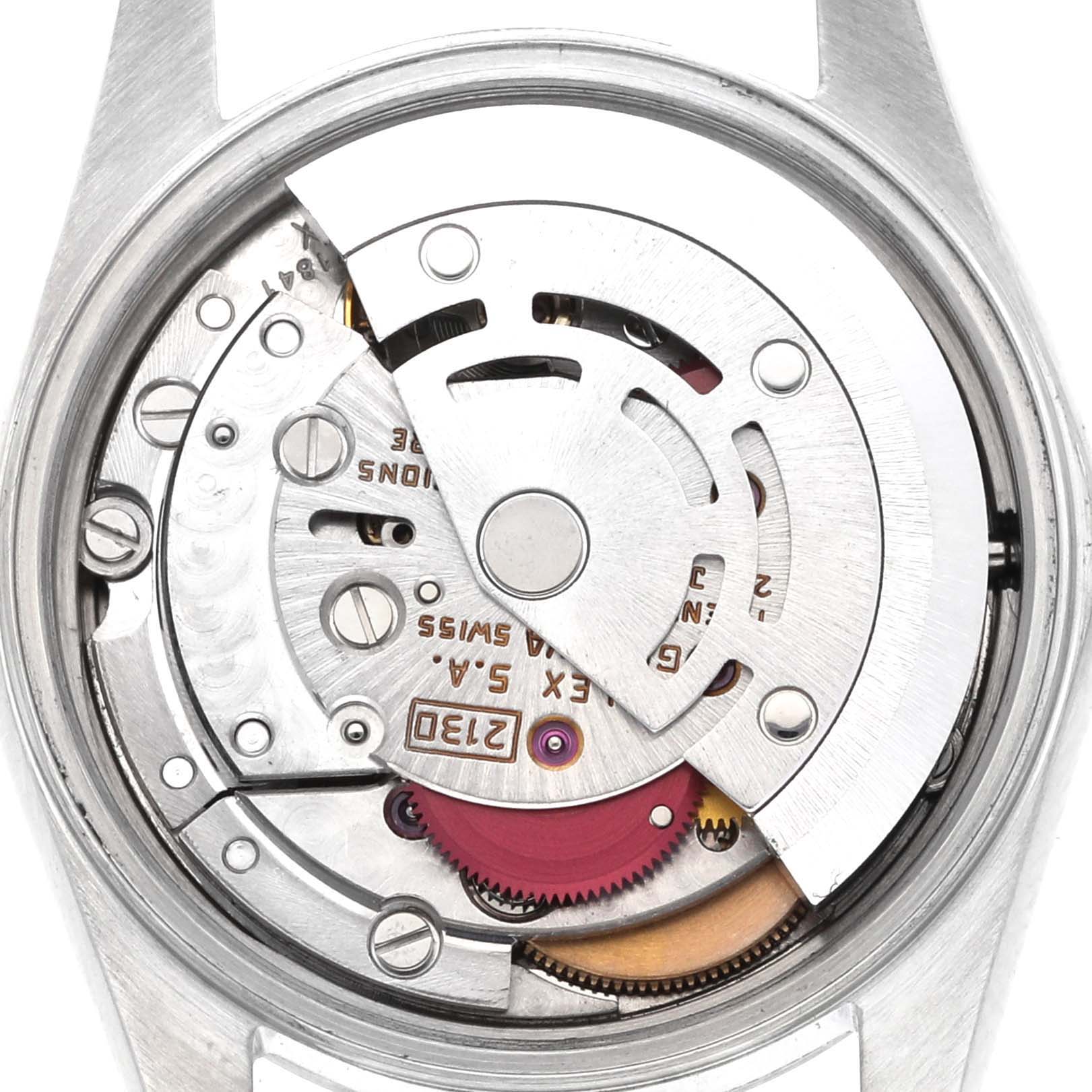 The image shows the movement mechanism of a Rolex Oyster Perpetual 67180 Women's Stainless Steel White Dial 67180 Women's Stainless Steel White Dial watch from a top-down angle.