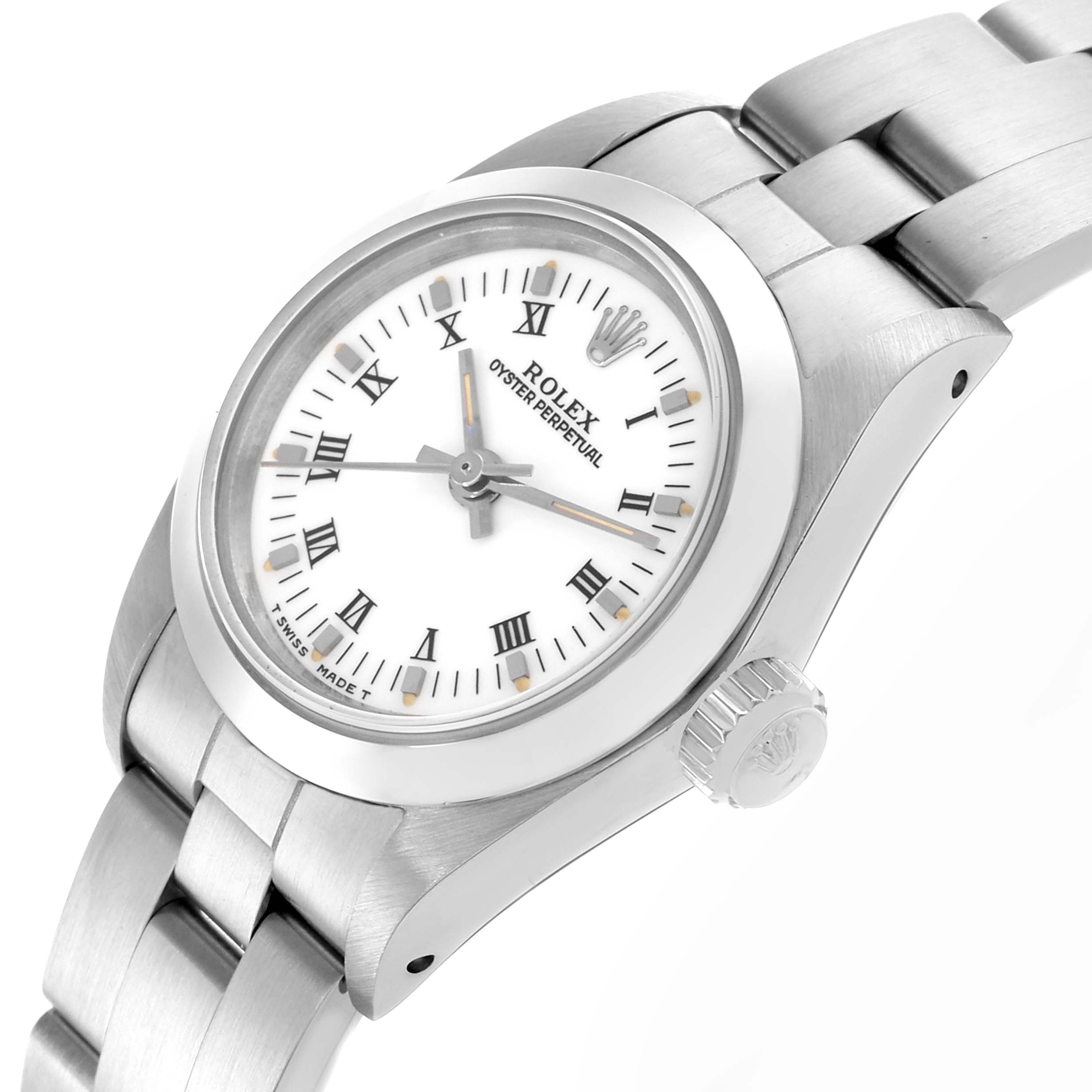 The Rolex Oyster Perpetual 67180 Women's Stainless Steel White Dial 67180 Women's Stainless Steel White Dial watch is shown at an angled view, highlighting the bezel, crown, and classic bracelet.