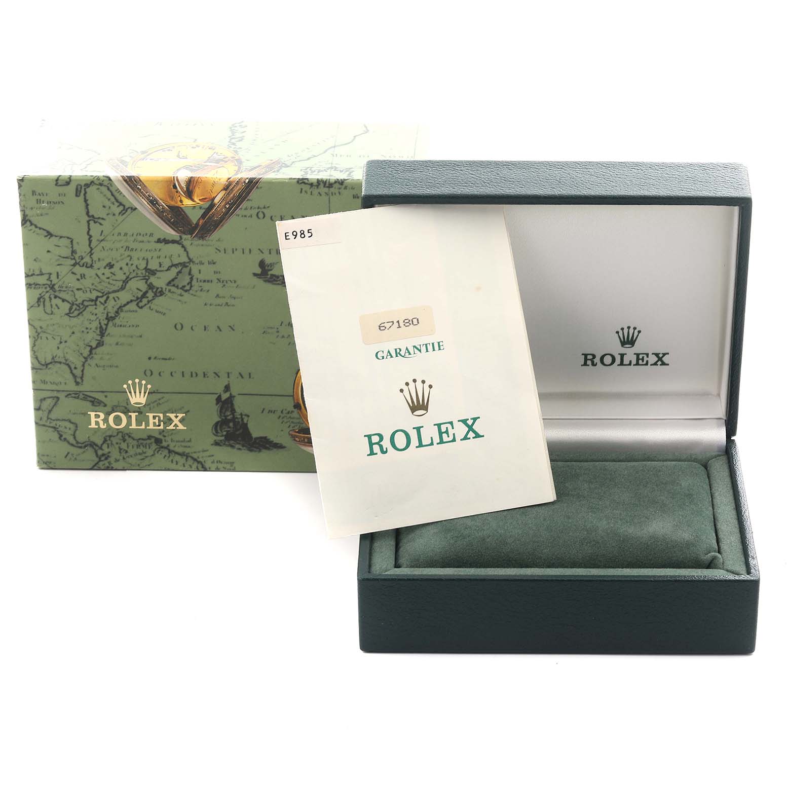 The image shows a Rolex Oyster Perpetual 67180 Women's Stainless Steel White Dial 67180 Women's Stainless Steel White Dial box, warranty card, and outer packaging from a front angle.
