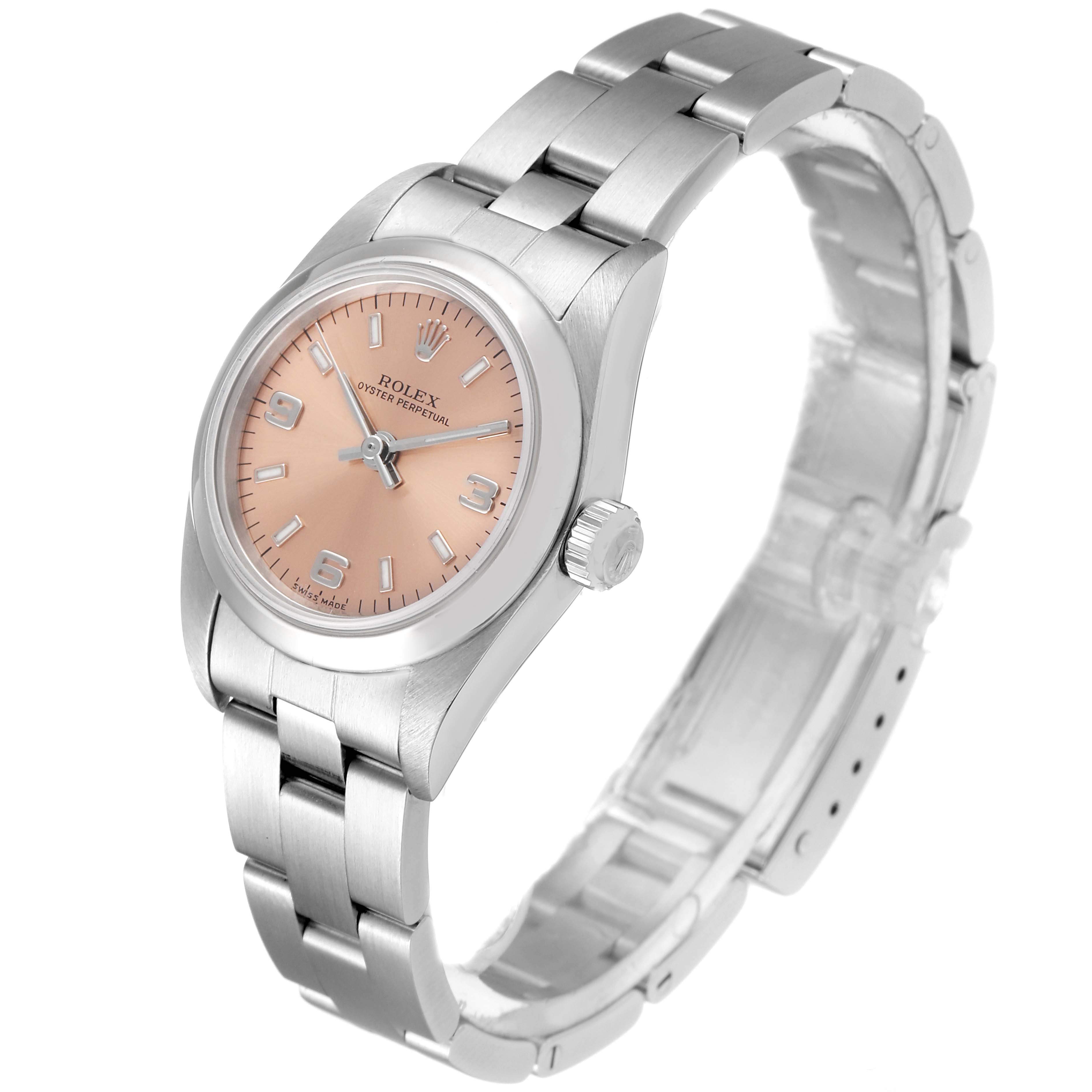 The image shows a side angle of a Rolex Oyster Perpetual 76080 Women's Stainless Steel Pink Dial 76080 Women's Stainless Steel Pink Dial watch, highlighting the face, crown, and bracelet.