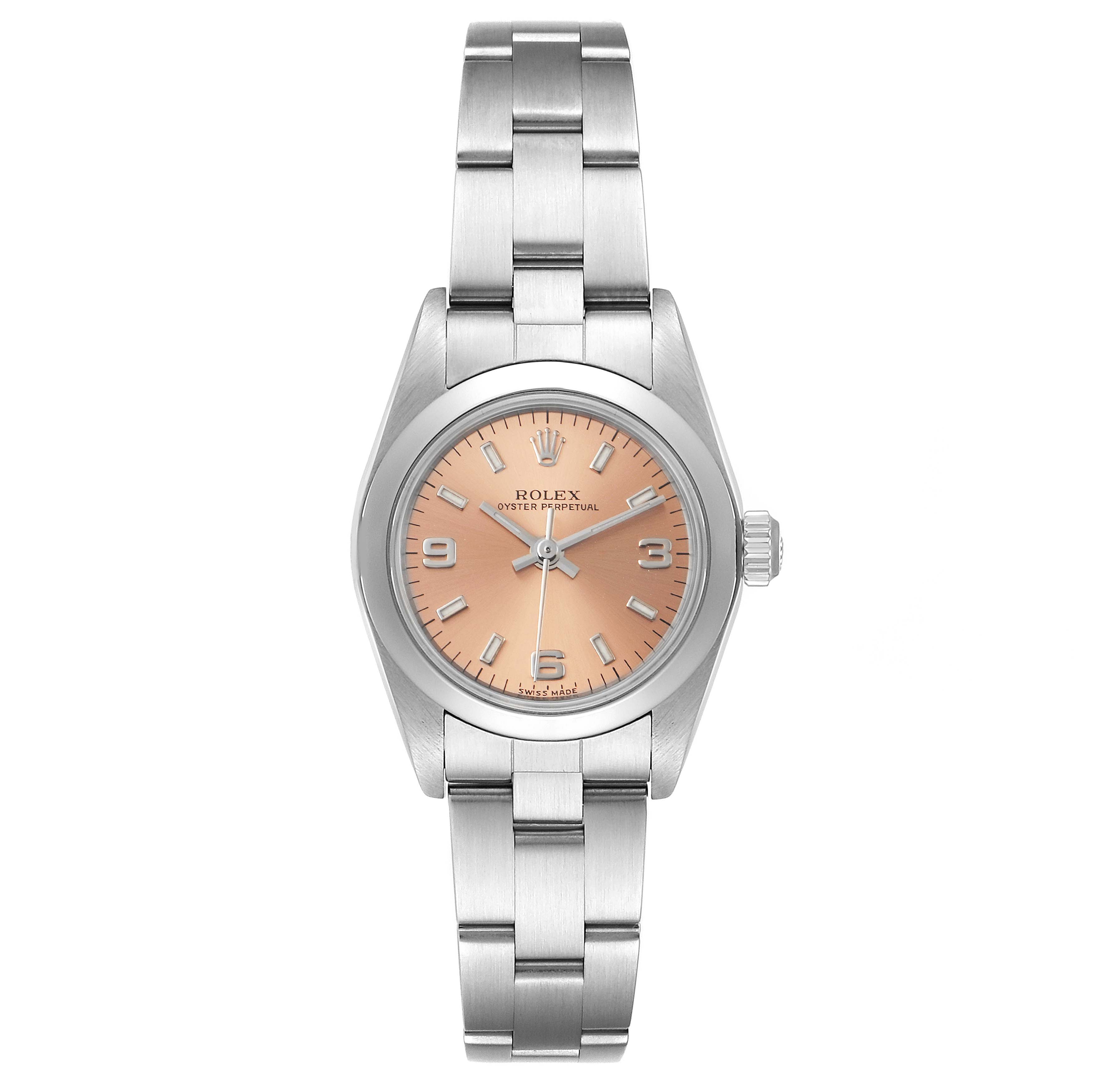 The image shows a front view of a Rolex Oyster Perpetual 76080 Women's Stainless Steel Pink Dial 76080 Women's Stainless Steel Pink Dial watch with a silver band and a pink dial.