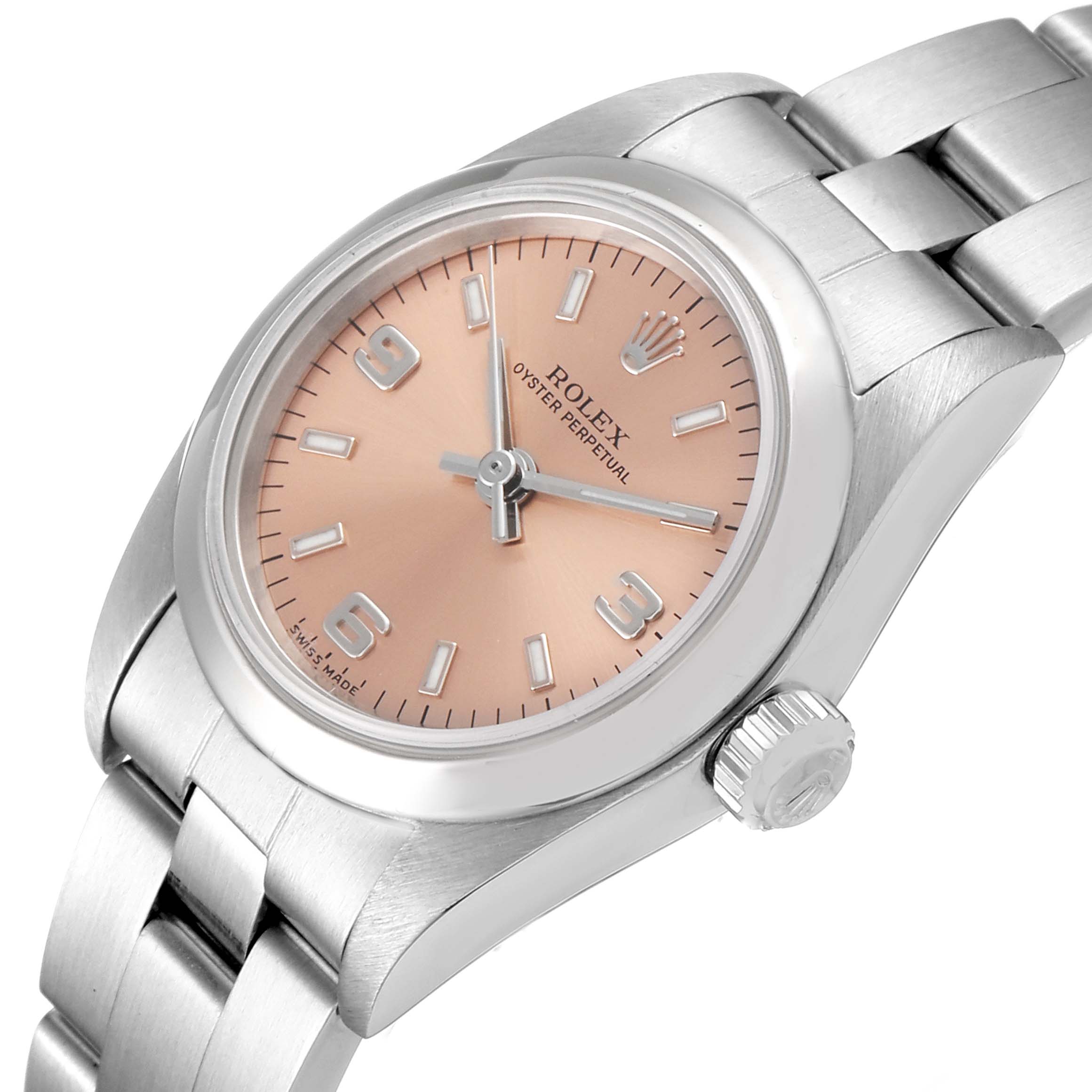 This Rolex Oyster Perpetual 76080 Women's Stainless Steel Pink Dial 76080 Women's Stainless Steel Pink Dial watch is shown from an angled side view, highlighting the dial, bezel, crown, and bracelet.
