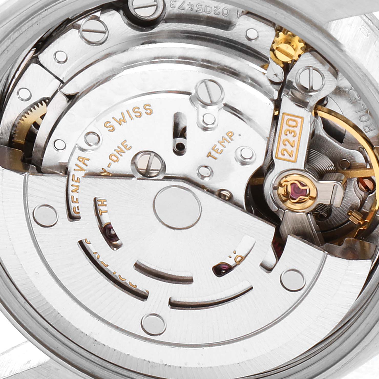 This close-up image shows the internal mechanical components of the Rolex Oyster Perpetual 76080 Women's Stainless Steel Pink Dial 76080 Women's Stainless Steel Pink Dial watch movement.