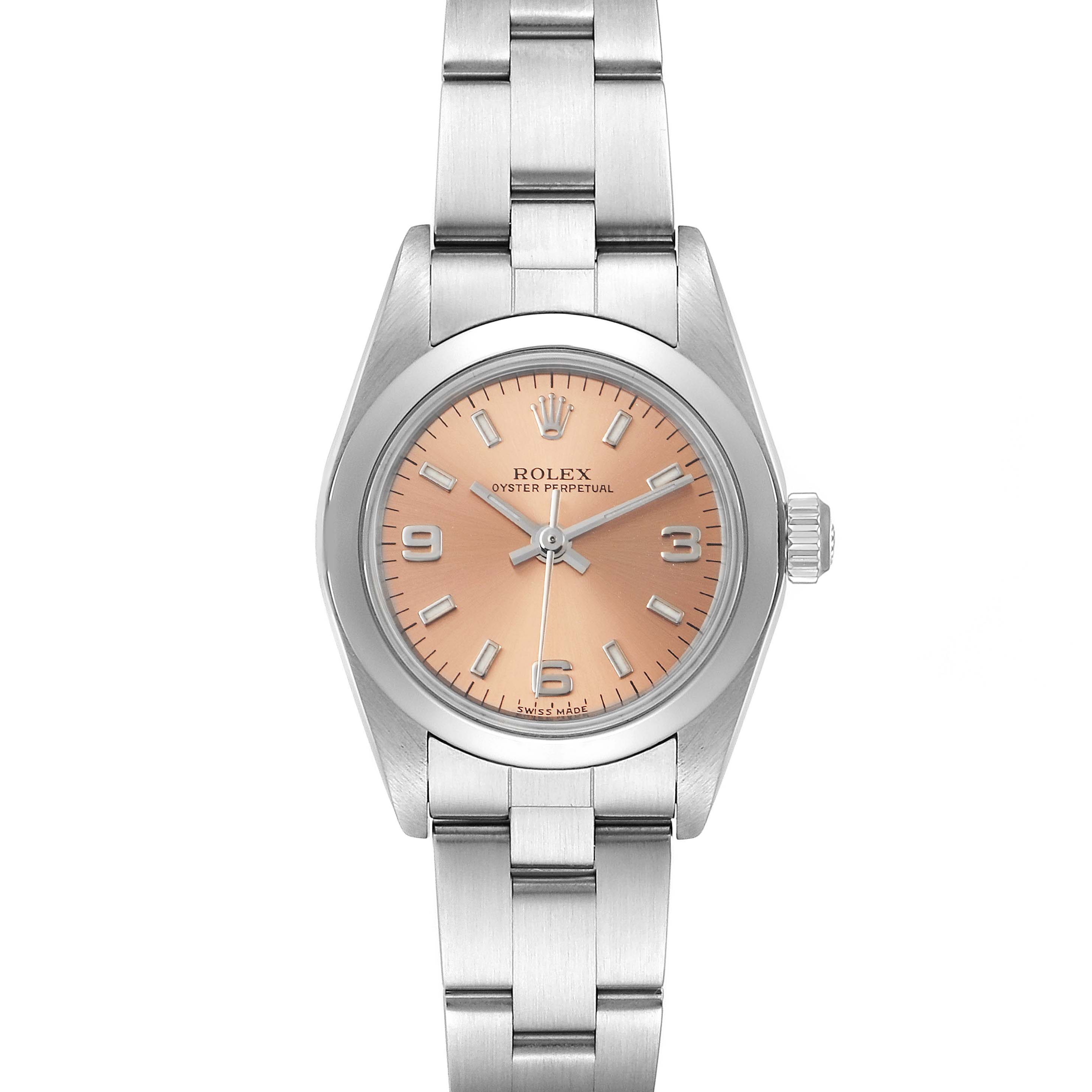 This image shows a Rolex Oyster Perpetual 76080 Women's Stainless Steel Pink Dial 76080 Women's Stainless Steel Pink Dial watch from a front angle, displaying its dial, bezel, crown, and bracelet.