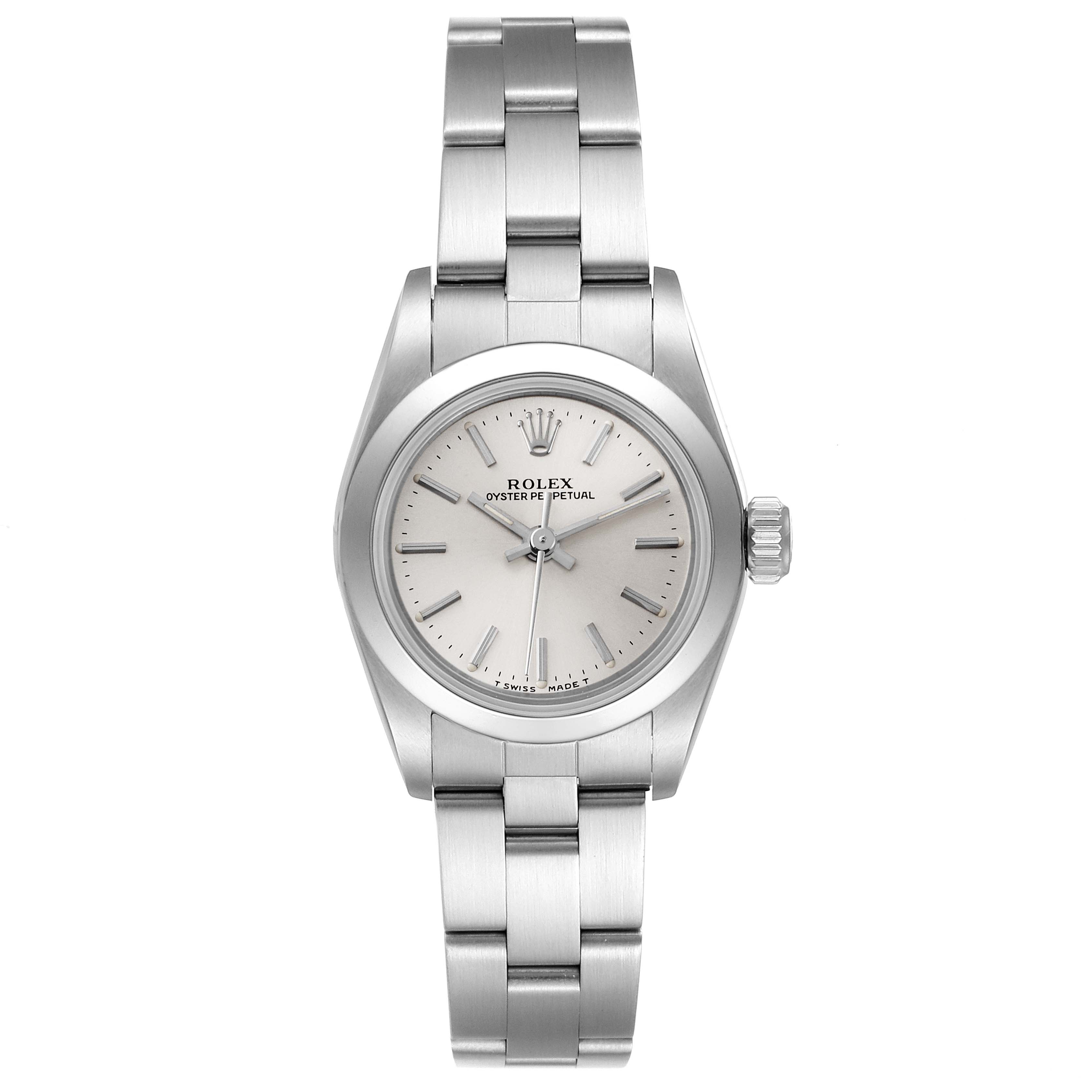 The image shows a Rolex Oyster Perpetual 67180 Women
s Stainless Steel Silver Dial 67180 Women
s Stainless Steel Silver Dial watch viewed from the front, highlighting the face, bezel, bracelet, and crown.