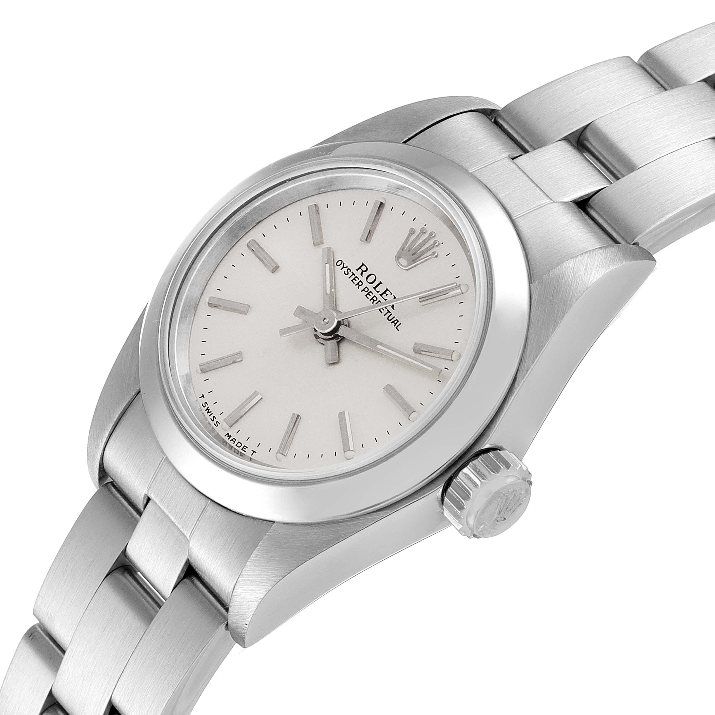 The image shows a Rolex Oyster Perpetual 67180 Women
s Stainless Steel Silver Dial 67180 Women
s Stainless Steel Silver Dial watch at a slight angle, displaying the face, crown, and bracelet.