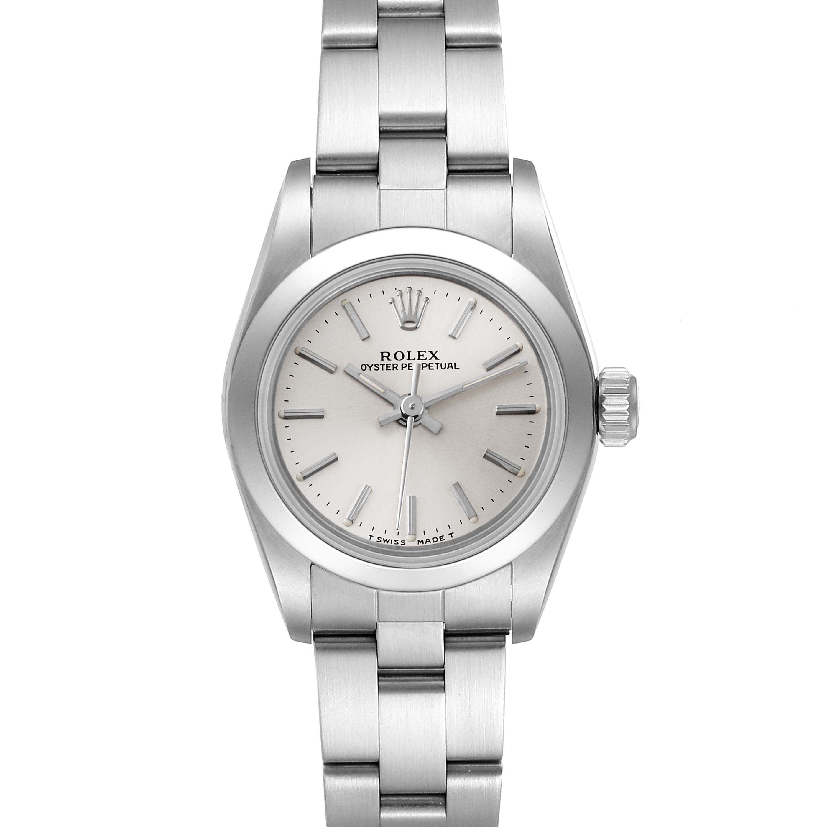 The image shows a front view of the Rolex Oyster Perpetual 67180 Women
s Stainless Steel Silver Dial 67180 Women
s Stainless Steel Silver Dial watch, highlighting its face, bezel, and bracelet.