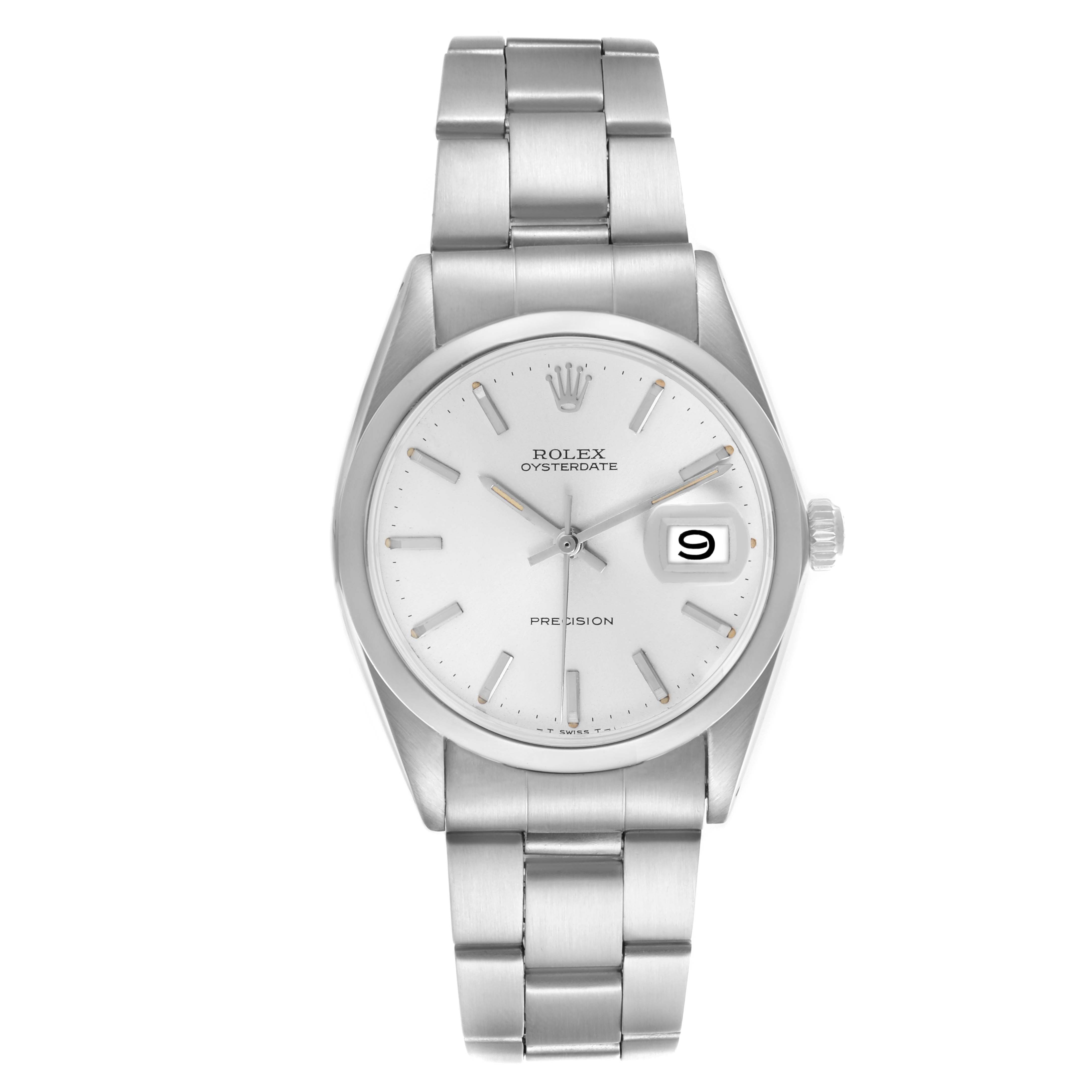 The Rolex Date 6694 Men's Stainless Steel Silver Dial 6694 Men's Stainless Steel Silver Dial watch is shown from a front view, displaying the dial, bezel, crown, and bracelet.