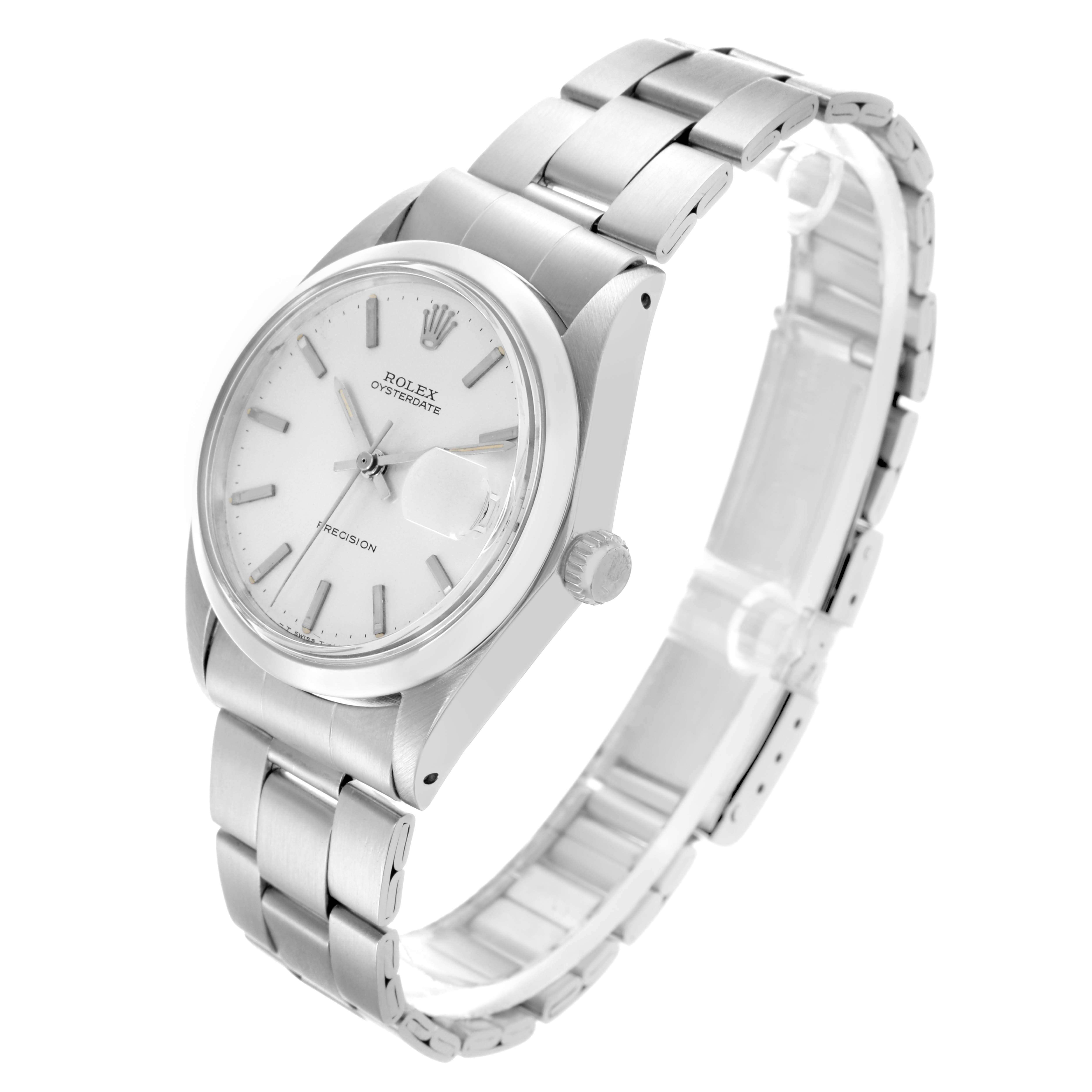 The Rolex Date 6694 Men's Stainless Steel Silver Dial 6694 Men's Stainless Steel Silver Dial watch is shown at a three-quarter angle, highlighting the dial, bracelet, and crown.