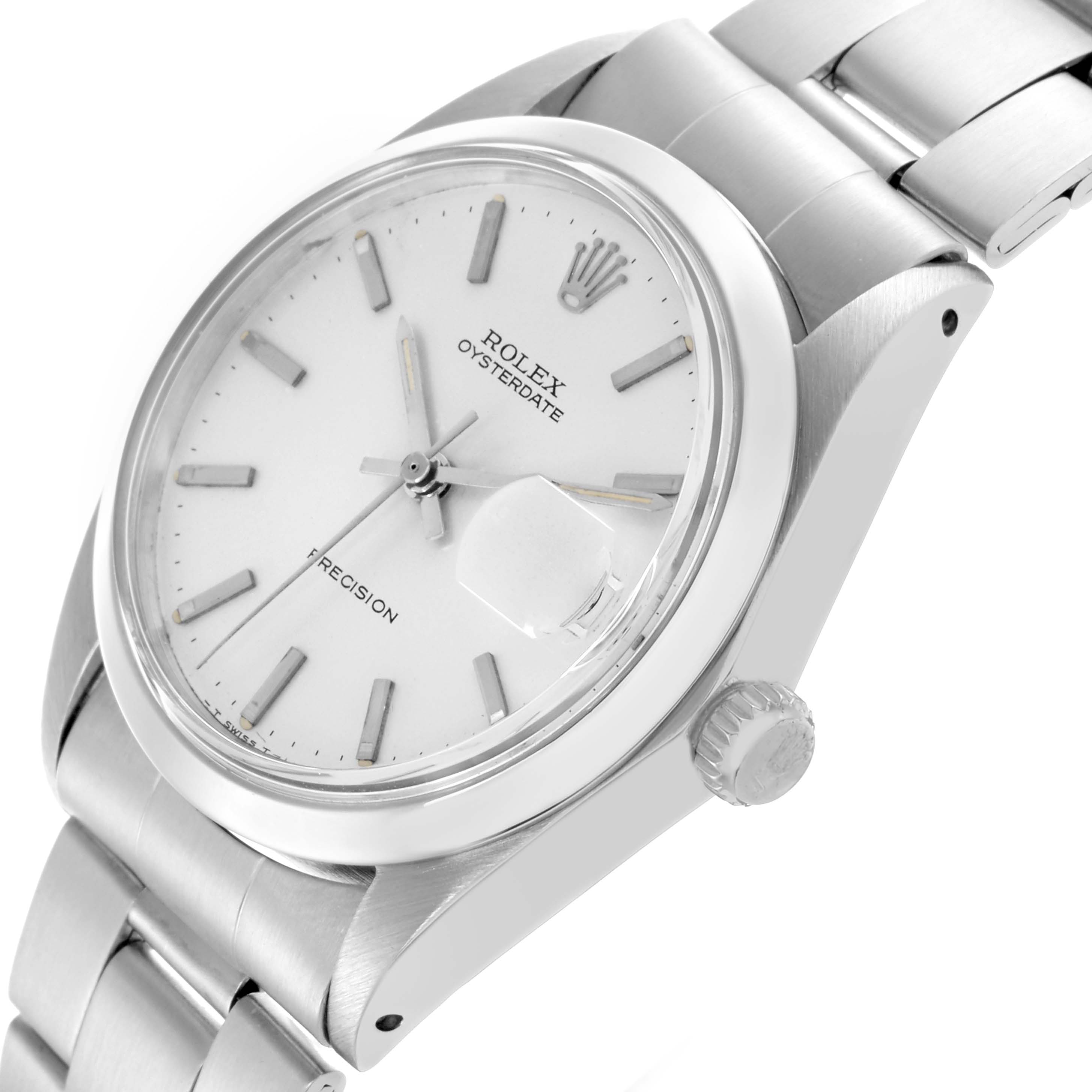 The Rolex Date 6694 Men's Stainless Steel Silver Dial 6694 Men's Stainless Steel Silver Dial model is shown at a slight angle highlighting the dial, crown, bezel, and part of the bracelet.
