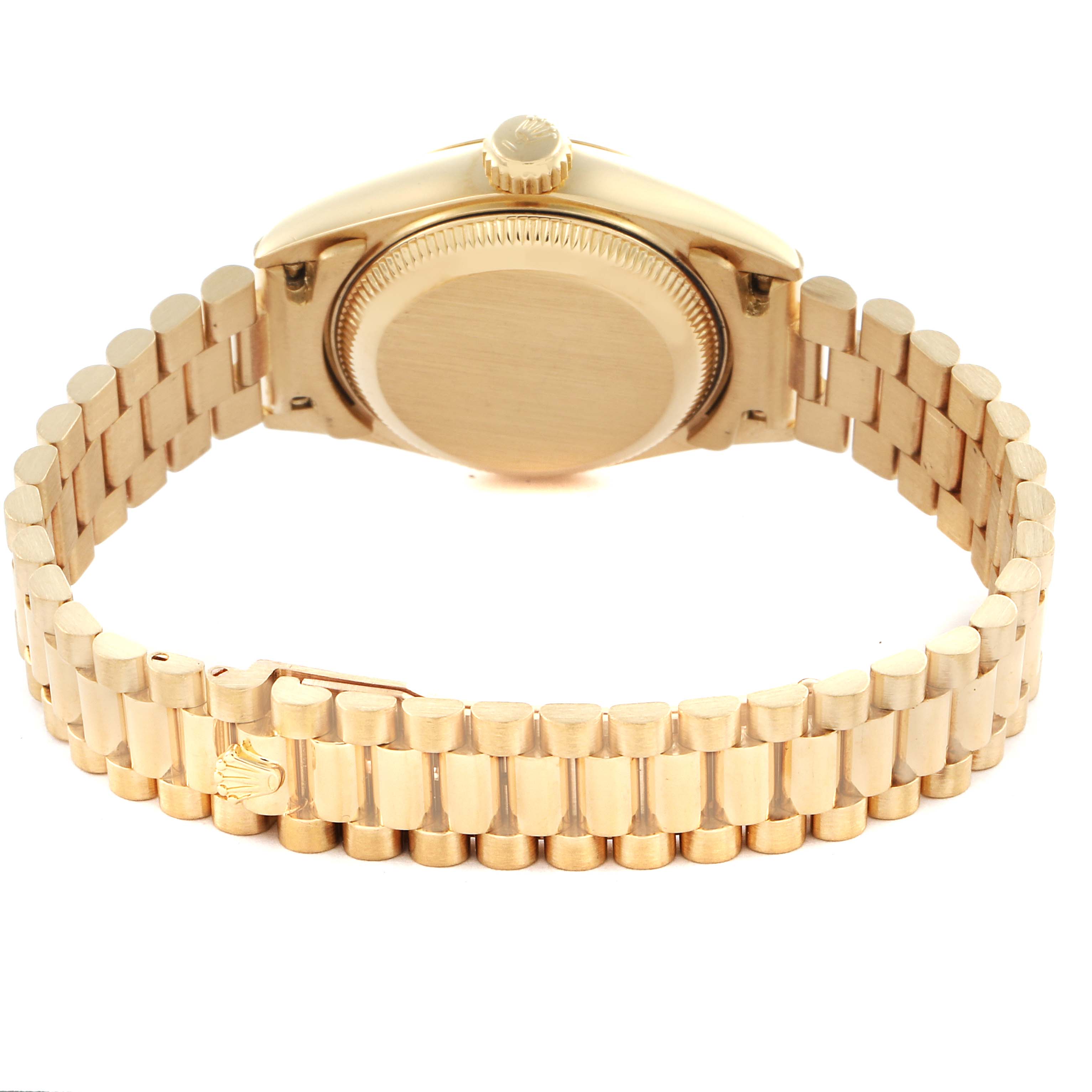 The image shows the back case and bracelet of a Rolex President 69178 Women's Yellow Gold Black Dial 69178 Women's Yellow Gold Black Dial watch at a rear angle.