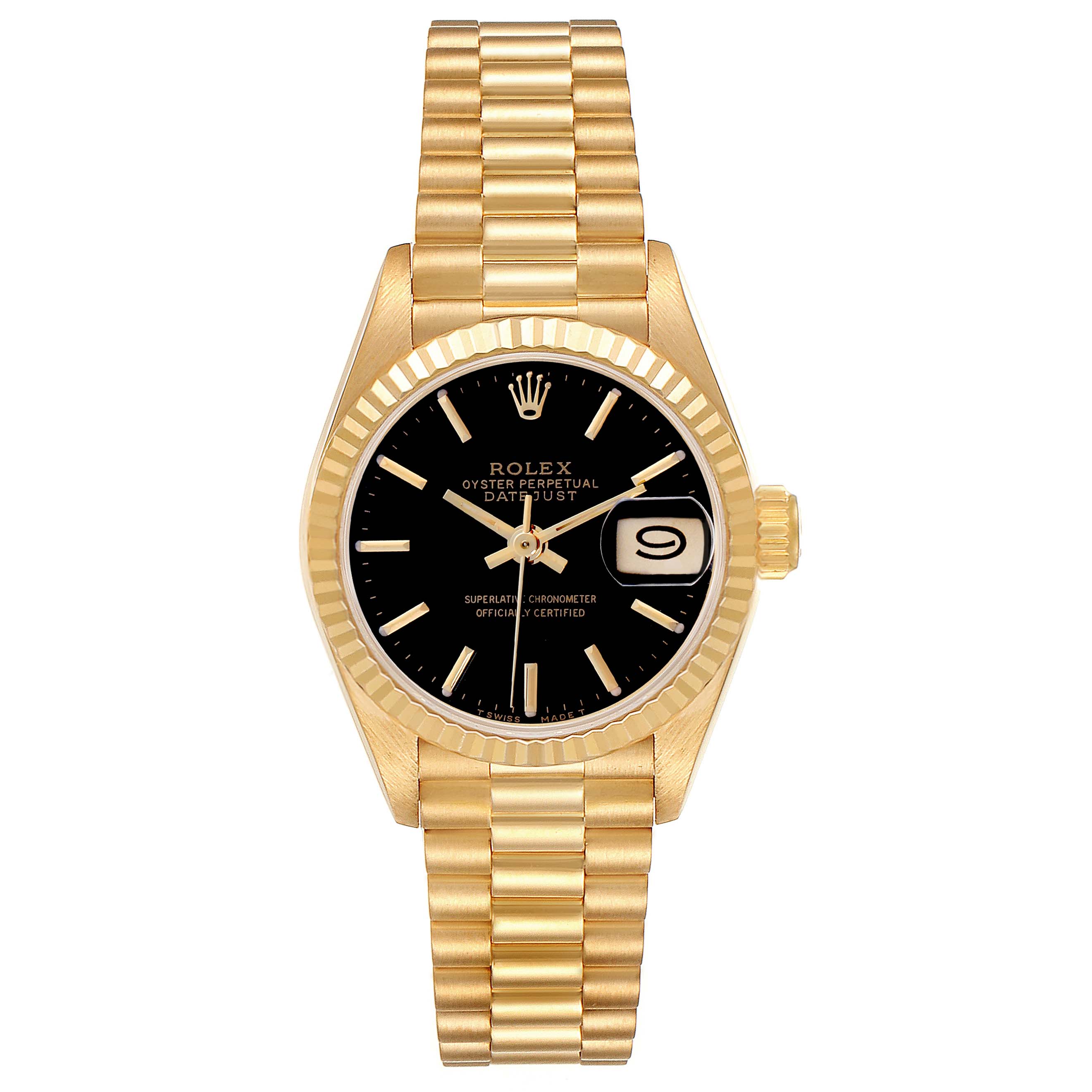 The image shows a frontal view of a Rolex President 69178 Women's Yellow Gold Black Dial 69178 Women's Yellow Gold Black Dial model, including its black dial, bezel, and gold bracelet.