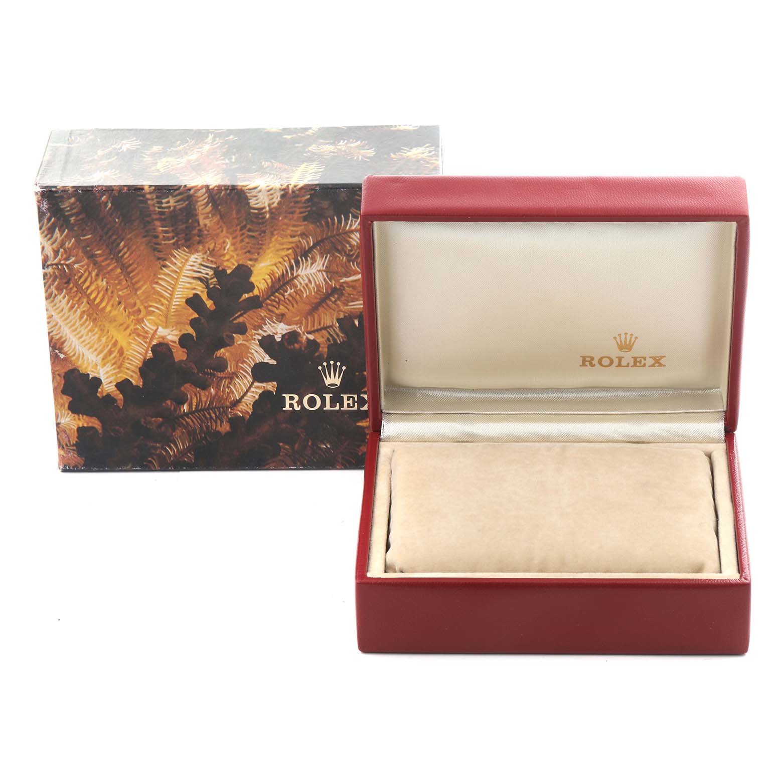 The image shows a Rolex watch box and packaging for the President model from a front angle.