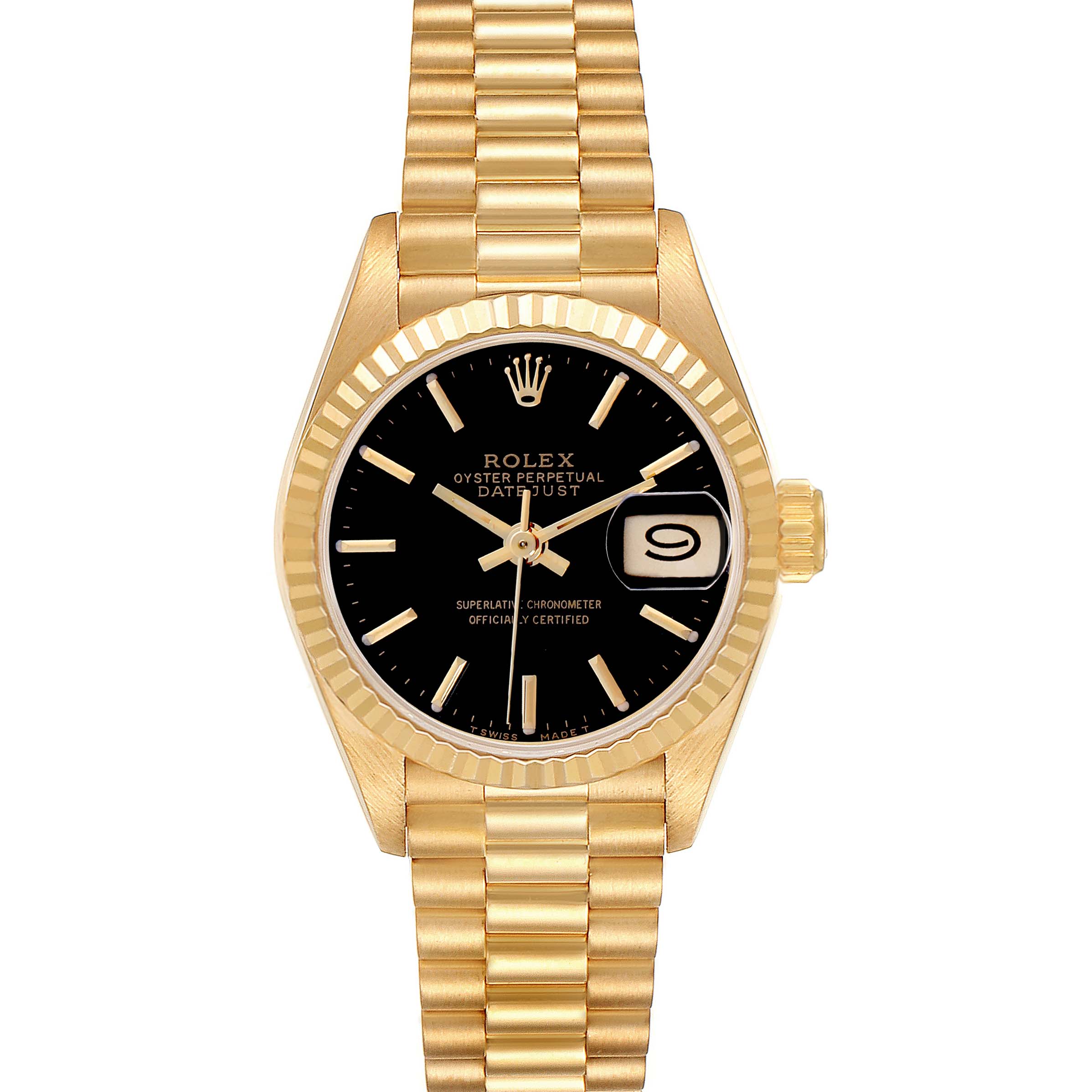 The image shows a Rolex President 69178 Women's Yellow Gold Black Dial 69178 Women's Yellow Gold Black Dial model watch from a front angle, highlighting its black dial, gold bracelet, and fluted bezel.