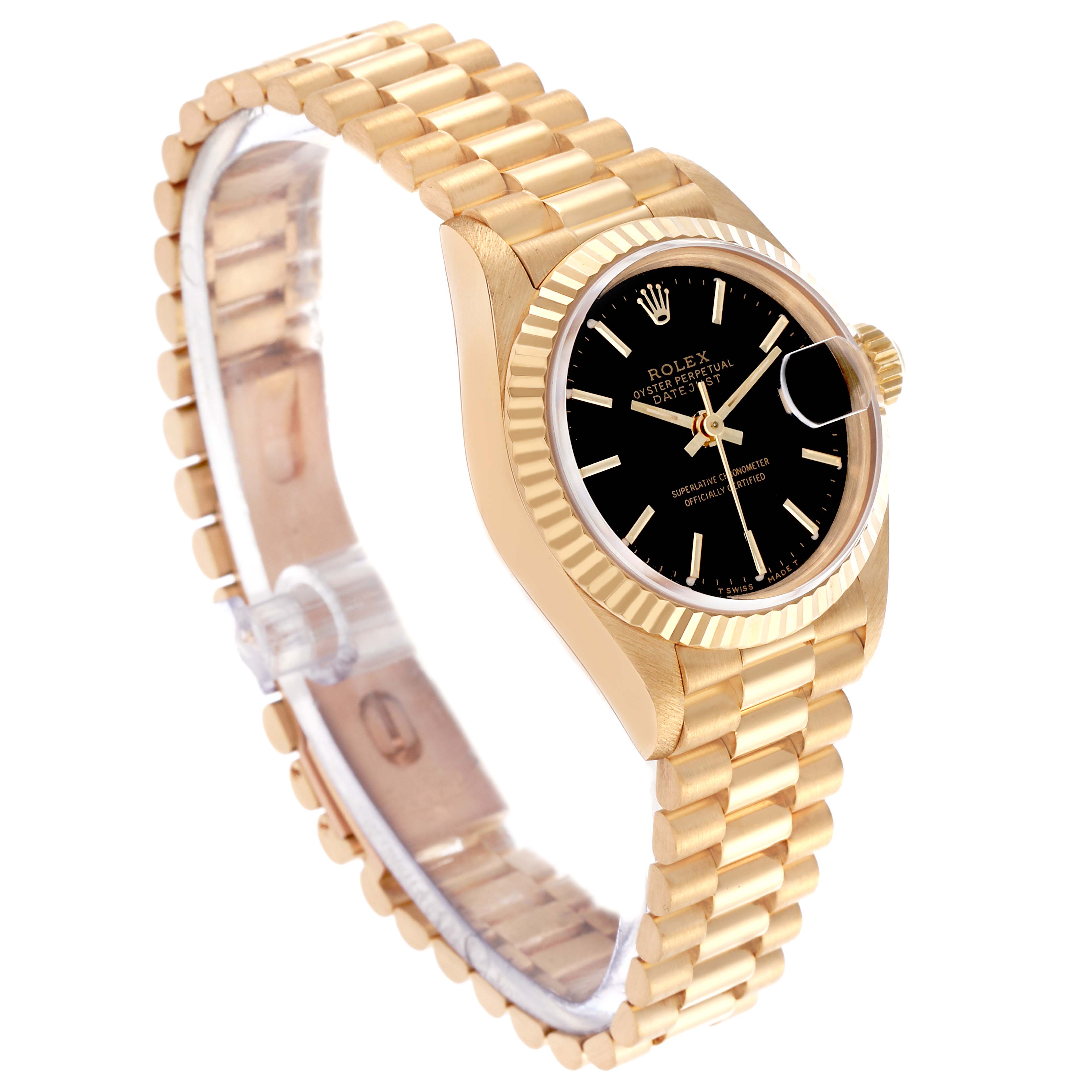 The Rolex President 69178 Women's Yellow Gold Black Dial 69178 Women's Yellow Gold Black Dial watch is shown at a three-quarter angle, highlighting the gold bracelet, black dial, and fluted bezel.