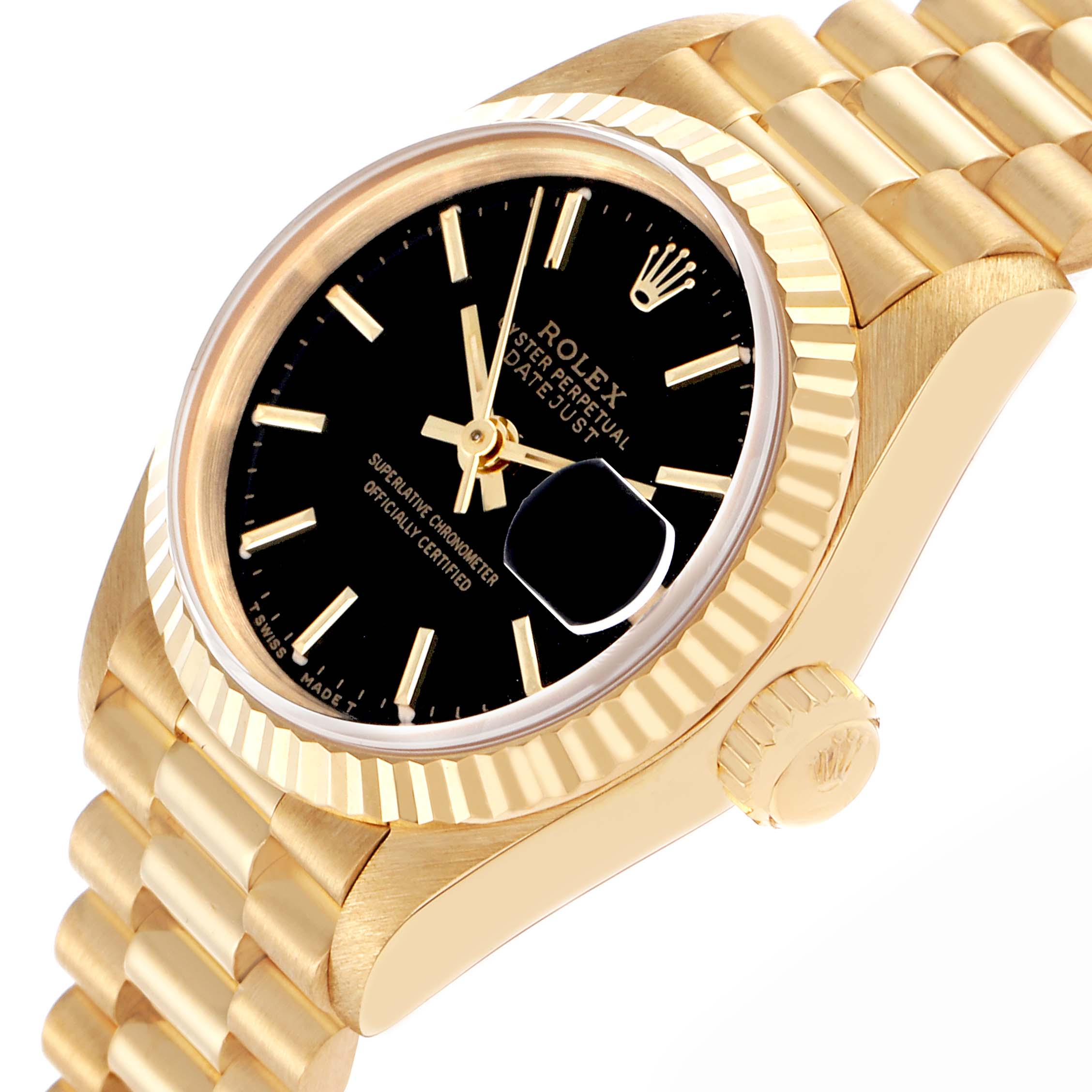 The image shows a Rolex President 69178 Women's Yellow Gold Black Dial 69178 Women's Yellow Gold Black Dial watch at an angle highlighting the gold case, fluted bezel, black dial, and the bracelet.