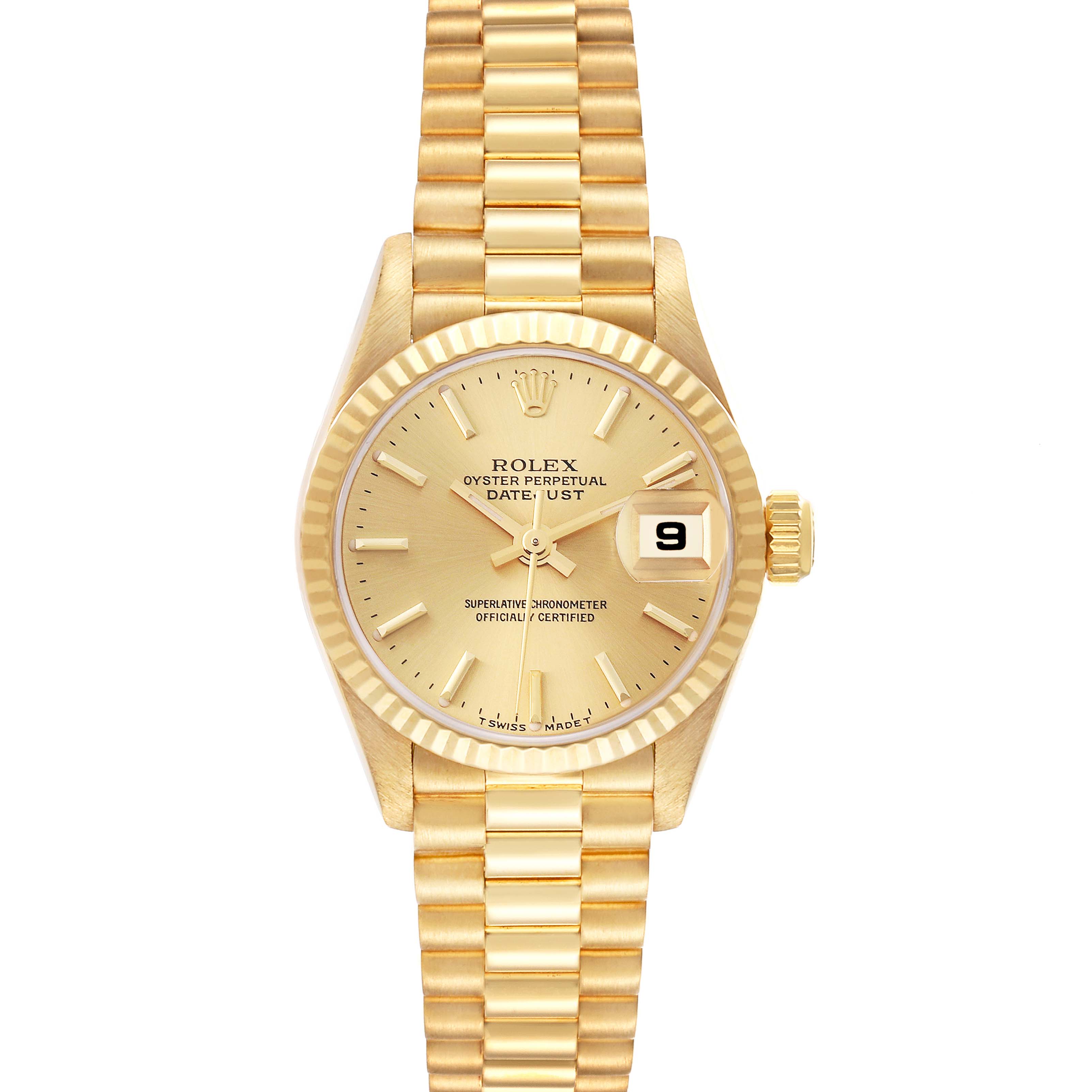 This image shows a front view of a Rolex President 79178 Women
s Yellow Gold Champagne Dial 79178 Women
s Yellow Gold Champagne Dial model watch, highlighting the dial, hands, date window, and bracelet.