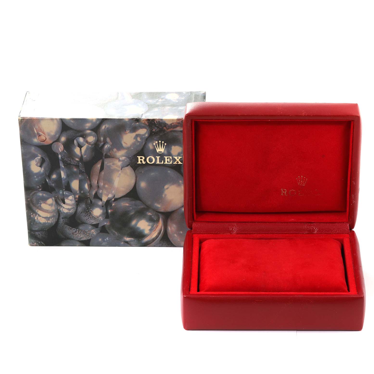 The image shows a Rolex President 79178 Women
s Yellow Gold Champagne Dial 79178 Women
s Yellow Gold Champagne Dial model watch box with a marbled outer box and an open red interior.