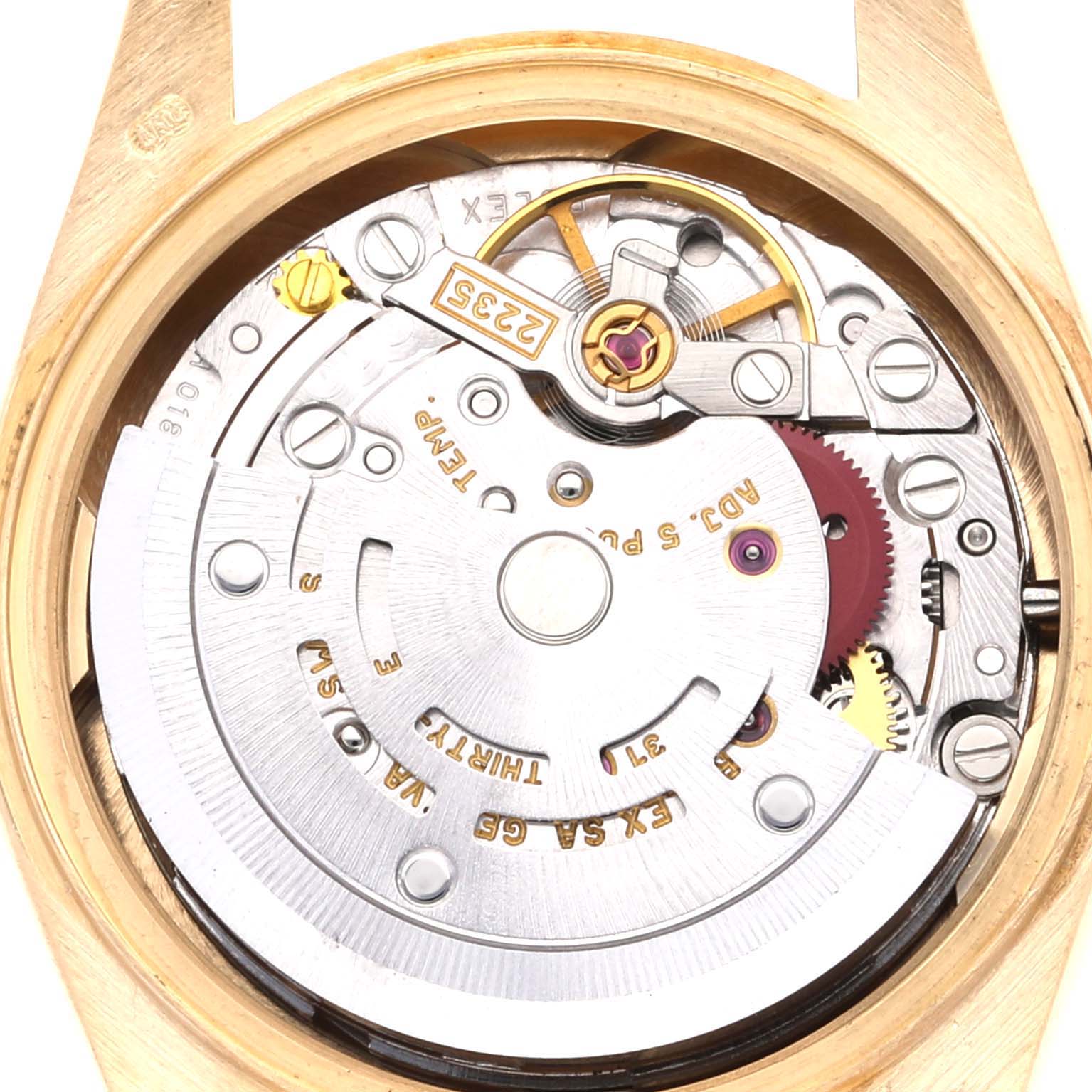 This image shows the inner mechanism of a Rolex President 79178 Women
s Yellow Gold Champagne Dial 79178 Women
s Yellow Gold Champagne Dial model watch from a top-down angle.