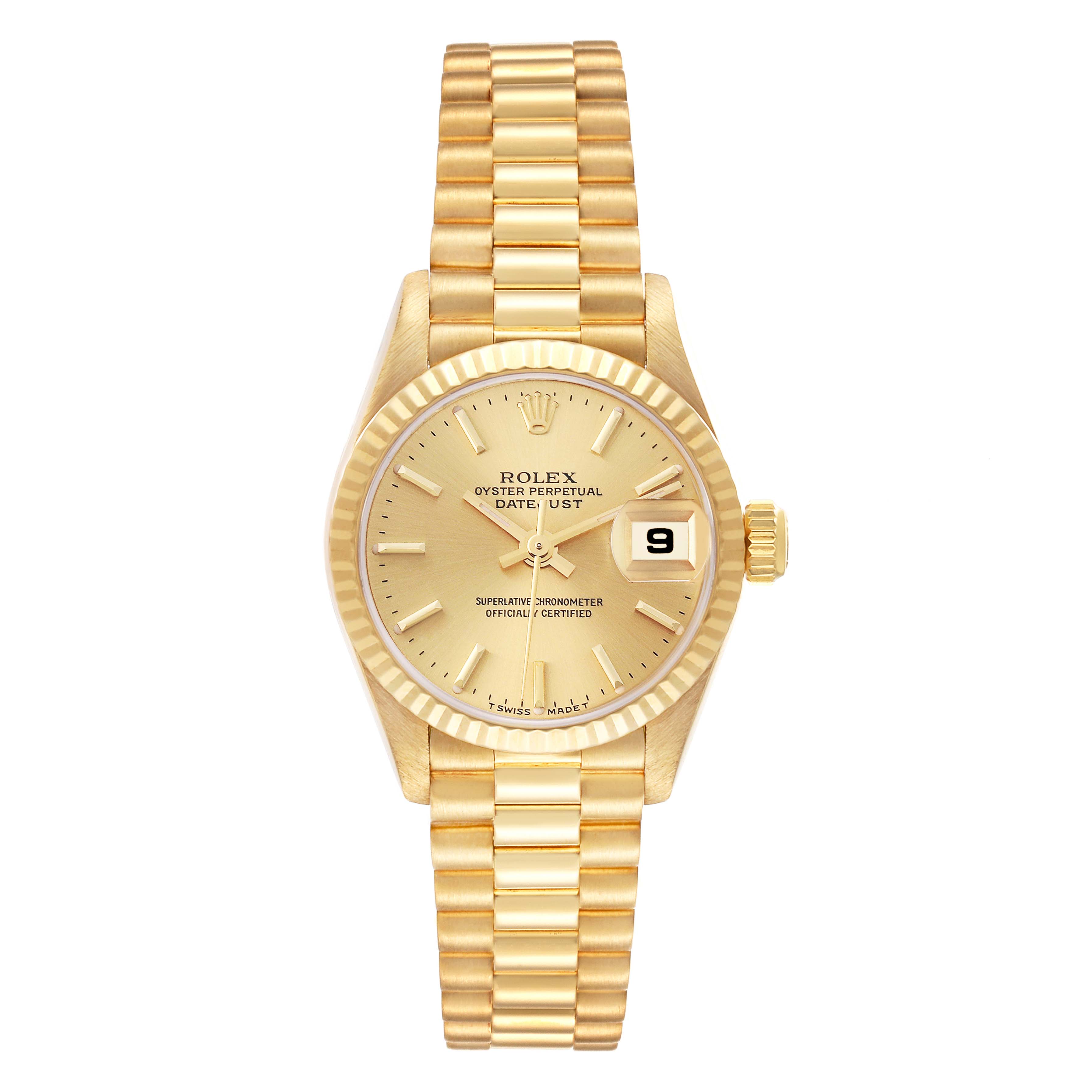 This is a frontal view of the Rolex President 79178 Women
s Yellow Gold Champagne Dial 79178 Women
s Yellow Gold Champagne Dial model watch, showing the dial, case, and bracelet.