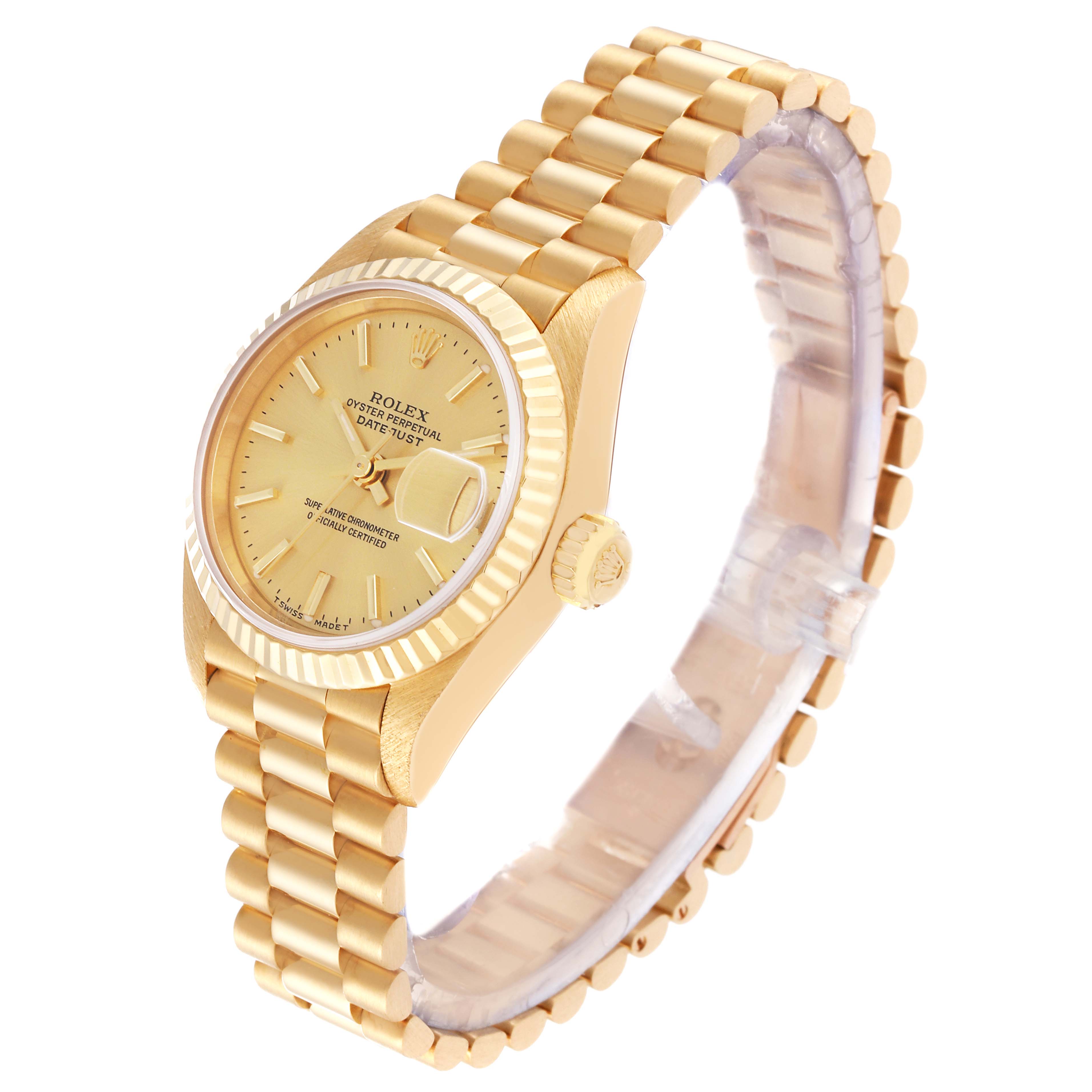 The Rolex President 79178 Women
s Yellow Gold Champagne Dial 79178 Women
s Yellow Gold Champagne Dial model watch is shown at a three-quarter angle, highlighting the dial, bezel, crown, and bracelet.