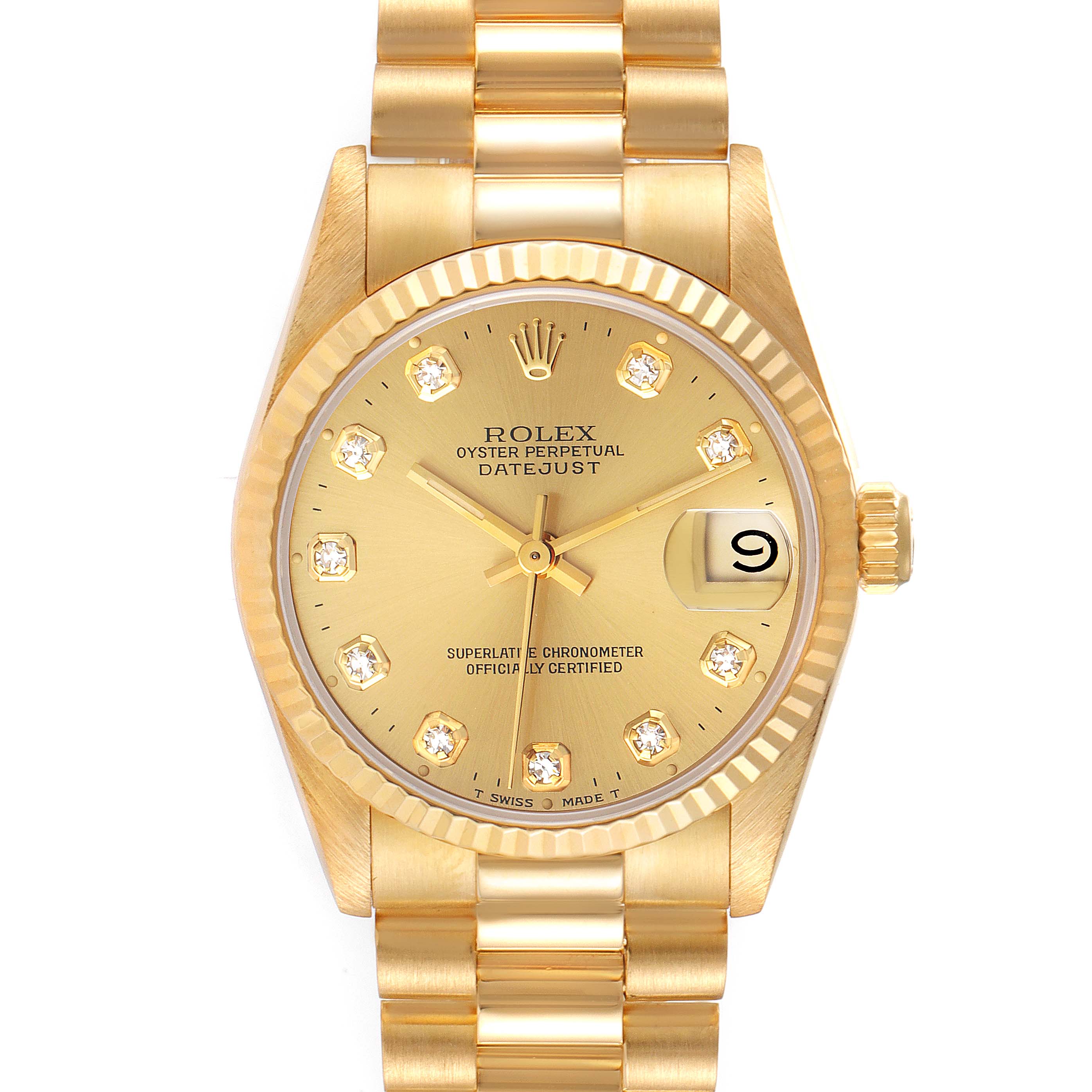 This image shows a frontal view of a Rolex President 68278 Women
s Yellow Gold Champagne Dial 68278 Women
s Yellow Gold Champagne Dial model watch, including the dial, fluted bezel, and bracelet.