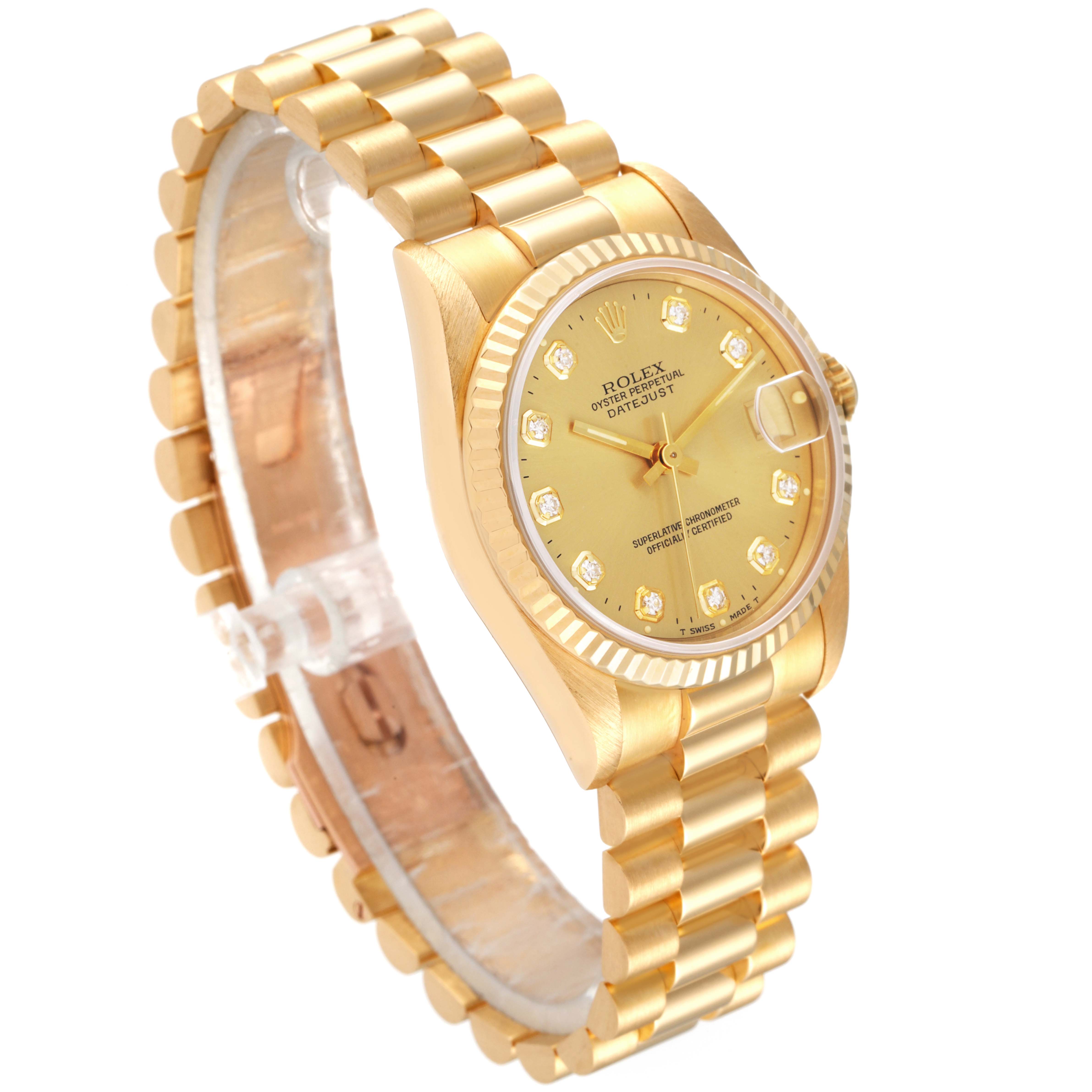 The image shows a Rolex President 68278 Women
s Yellow Gold Champagne Dial 68278 Women
s Yellow Gold Champagne Dial model watch at an oblique angle, displaying the bracelet, dial, and crown.