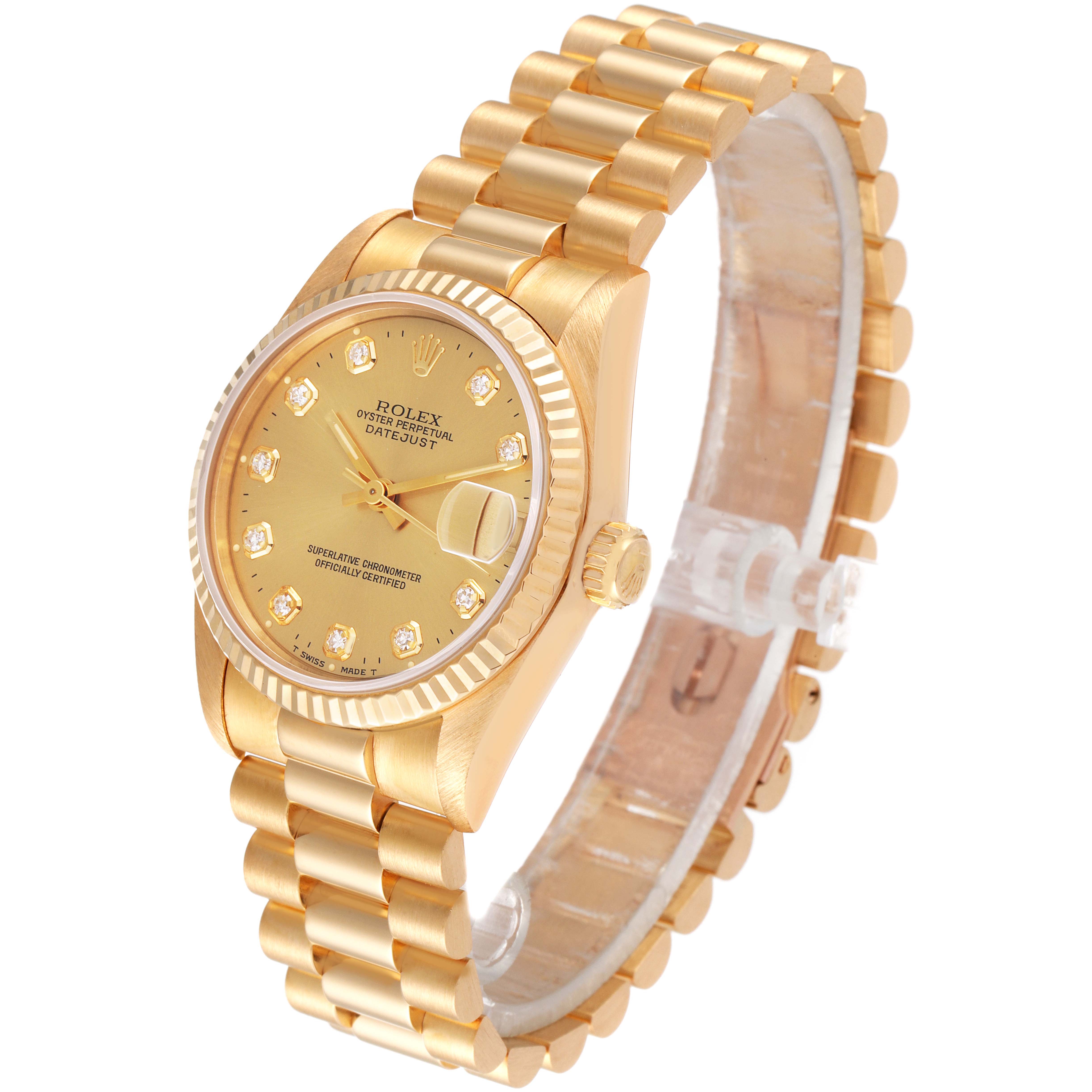 This Rolex President 68278 Women
s Yellow Gold Champagne Dial 68278 Women
s Yellow Gold Champagne Dial model watch is shown at an angled view displaying its gold bracelet, bezel, dial, crown, and date window.