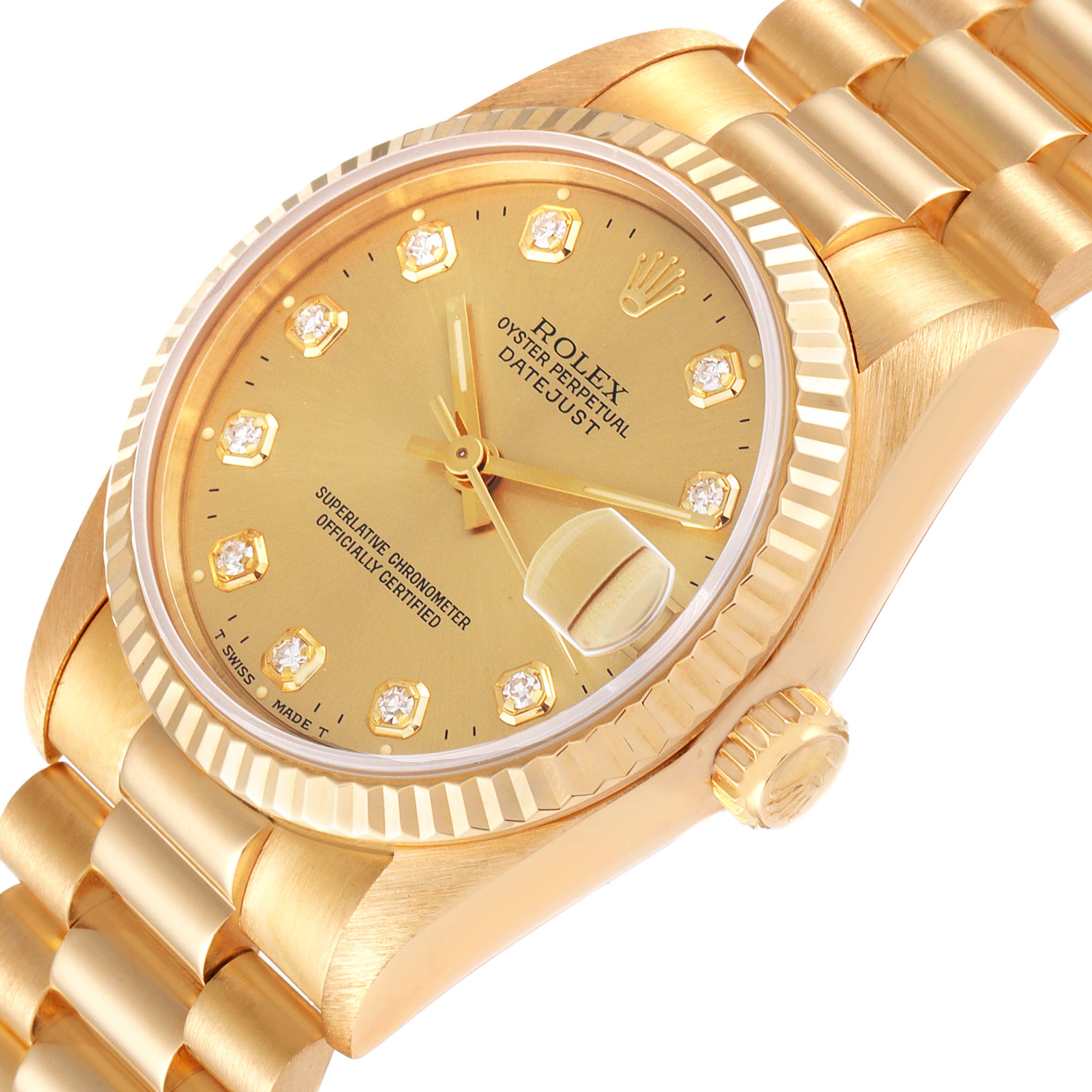 This image shows a Rolex President 68278 Women
s Yellow Gold Champagne Dial 68278 Women
s Yellow Gold Champagne Dial model watch at a slight angle, highlighting its gold dial, diamond markers, and gold bracelet.