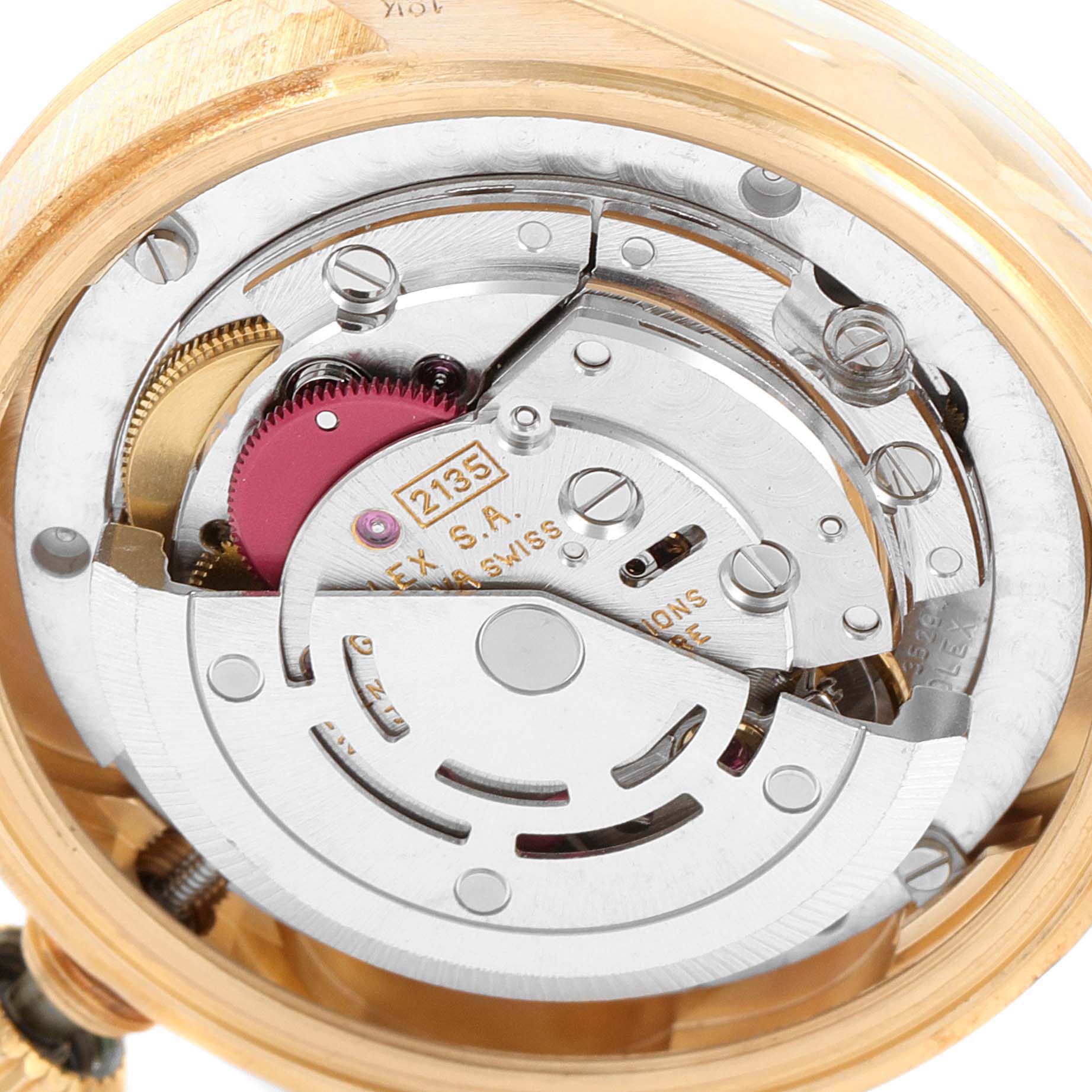 This image shows the movement and mechanical parts of a Rolex President 68278 Women
s Yellow Gold Champagne Dial 68278 Women
s Yellow Gold Champagne Dial model from a close-up, top-down angle.