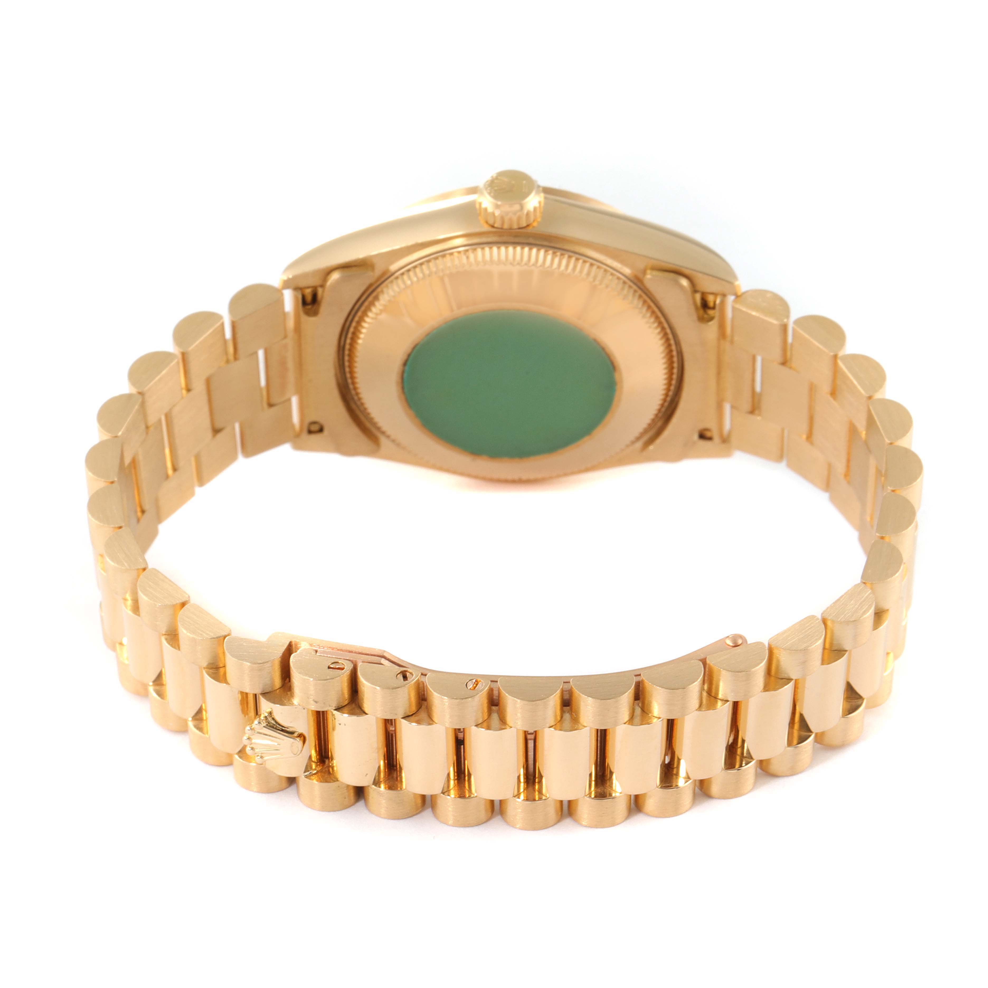 The image shows the back case and bracelet of a Rolex President 68278 Women
s Yellow Gold Champagne Dial 68278 Women
s Yellow Gold Champagne Dial model watch from a top-back angle.