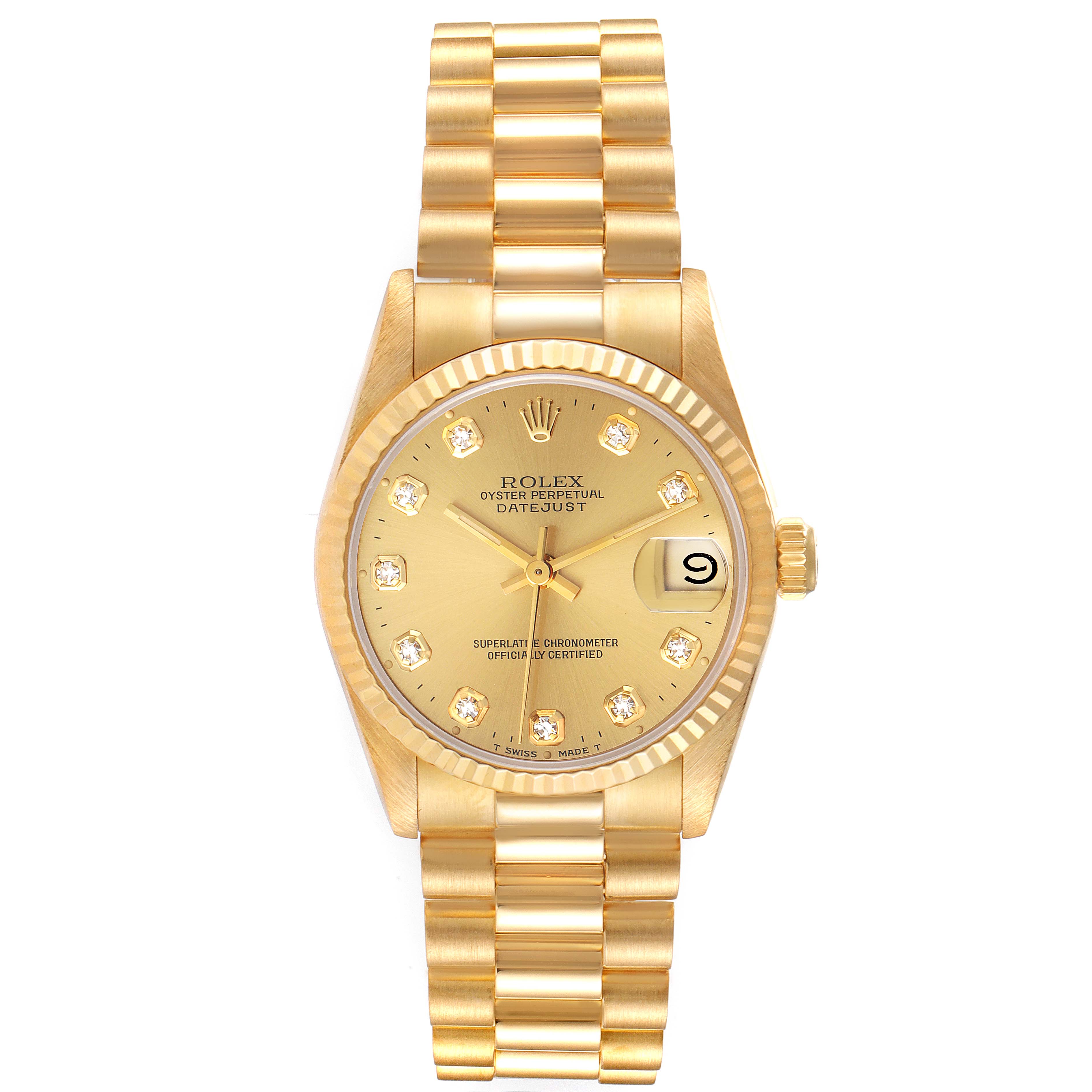 The image shows a front view of a Rolex President 68278 Women
s Yellow Gold Champagne Dial 68278 Women
s Yellow Gold Champagne Dial model watch, highlighting the gold band, dial, date window, and diamond markers.