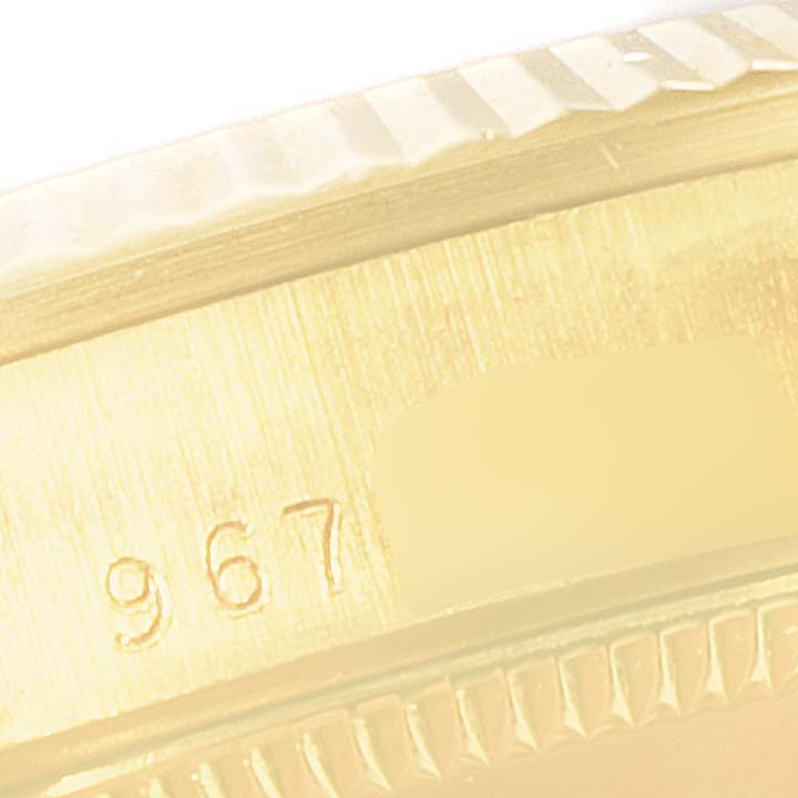 This image shows a close-up view of the inner case and bezel edge of a Rolex President 68278 Women's Yellow Gold White Dial 68278 Women's Yellow Gold White Dial model watch.