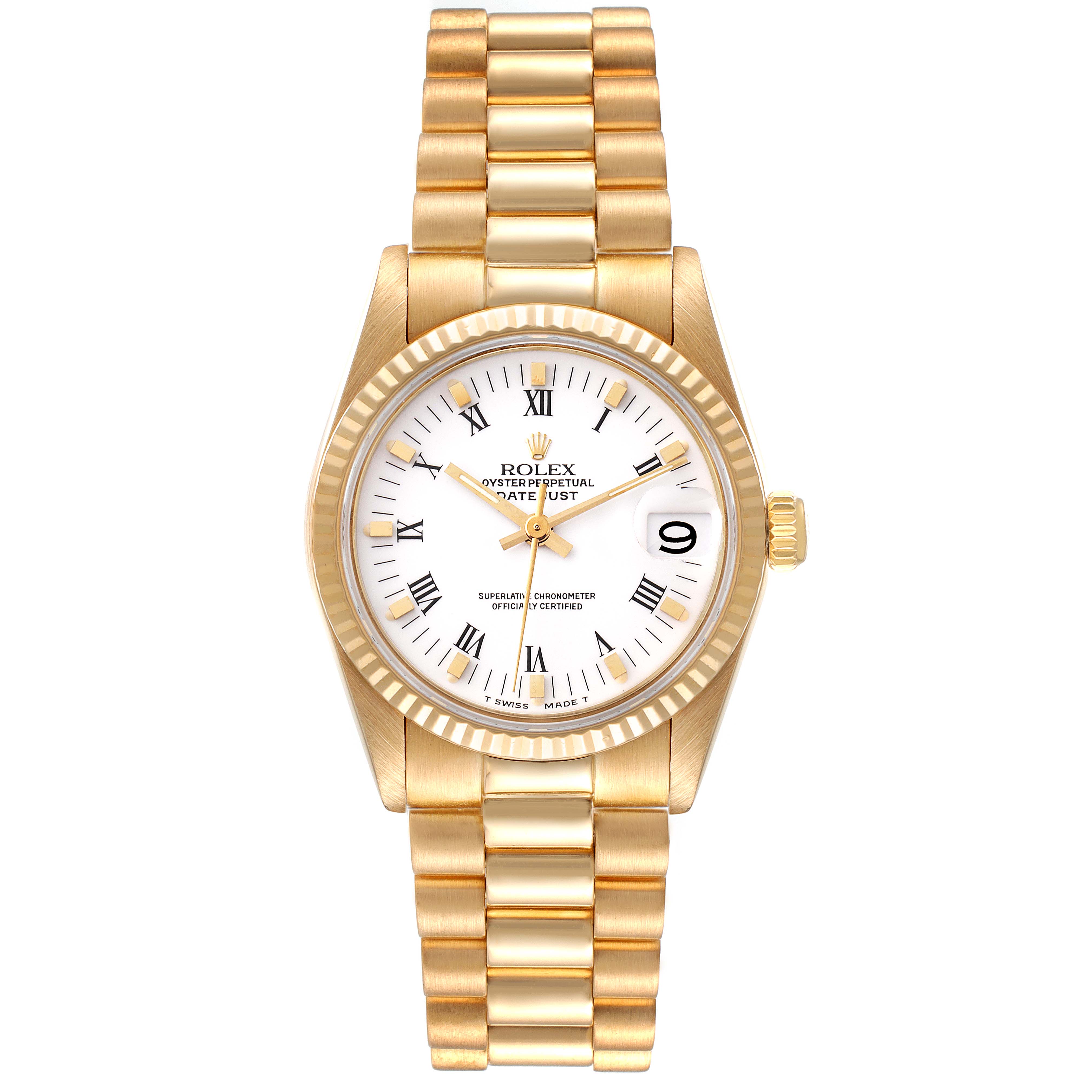 This Rolex President 68278 Women's Yellow Gold White Dial 68278 Women's Yellow Gold White Dial model watch is shown from a top-down angle, displaying the face, bezel, and bracelet.