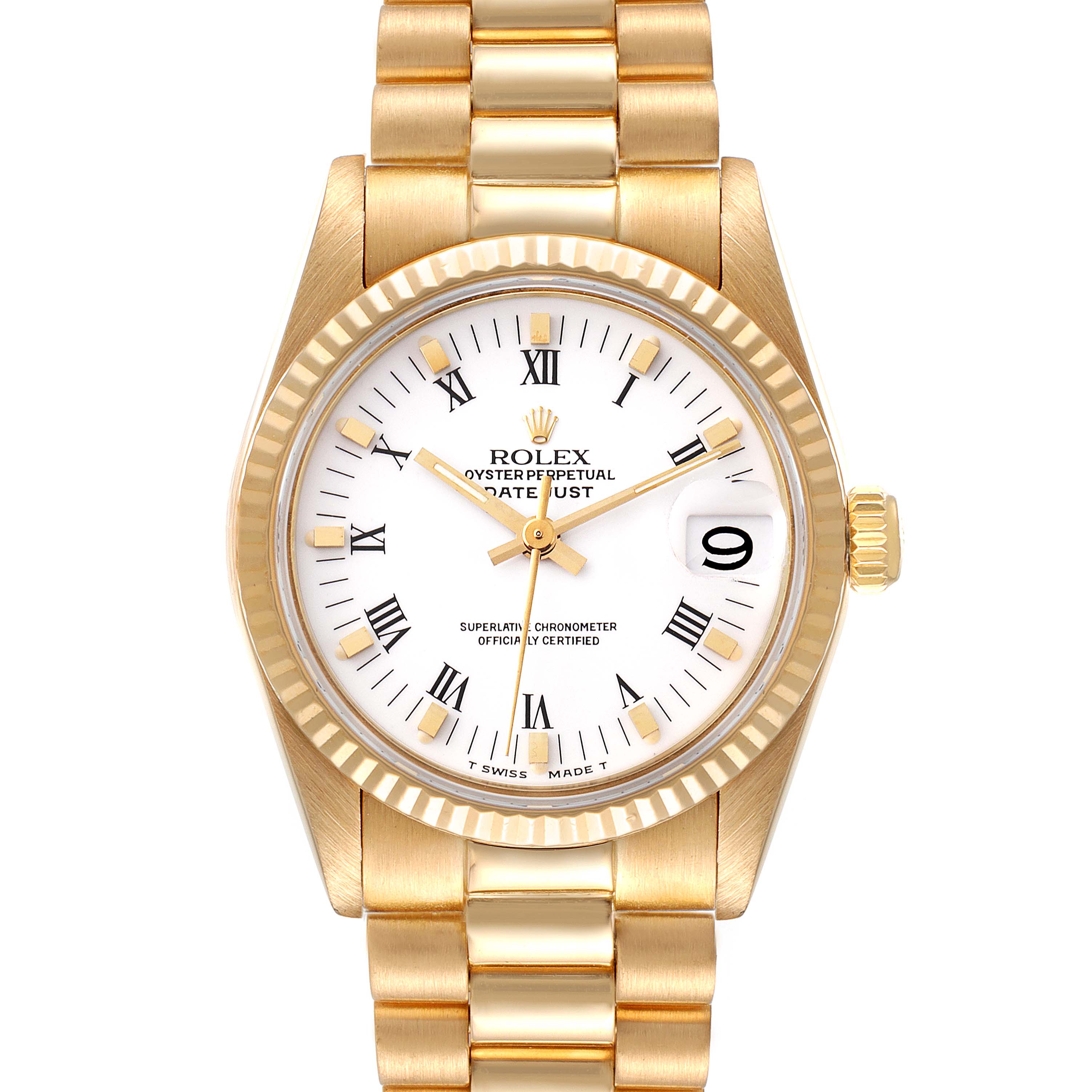 The image shows a frontal view of a Rolex President 68278 Women's Yellow Gold White Dial 68278 Women's Yellow Gold White Dial model watch, displaying its gold bracelet, crown, and white dial with Roman numerals.
