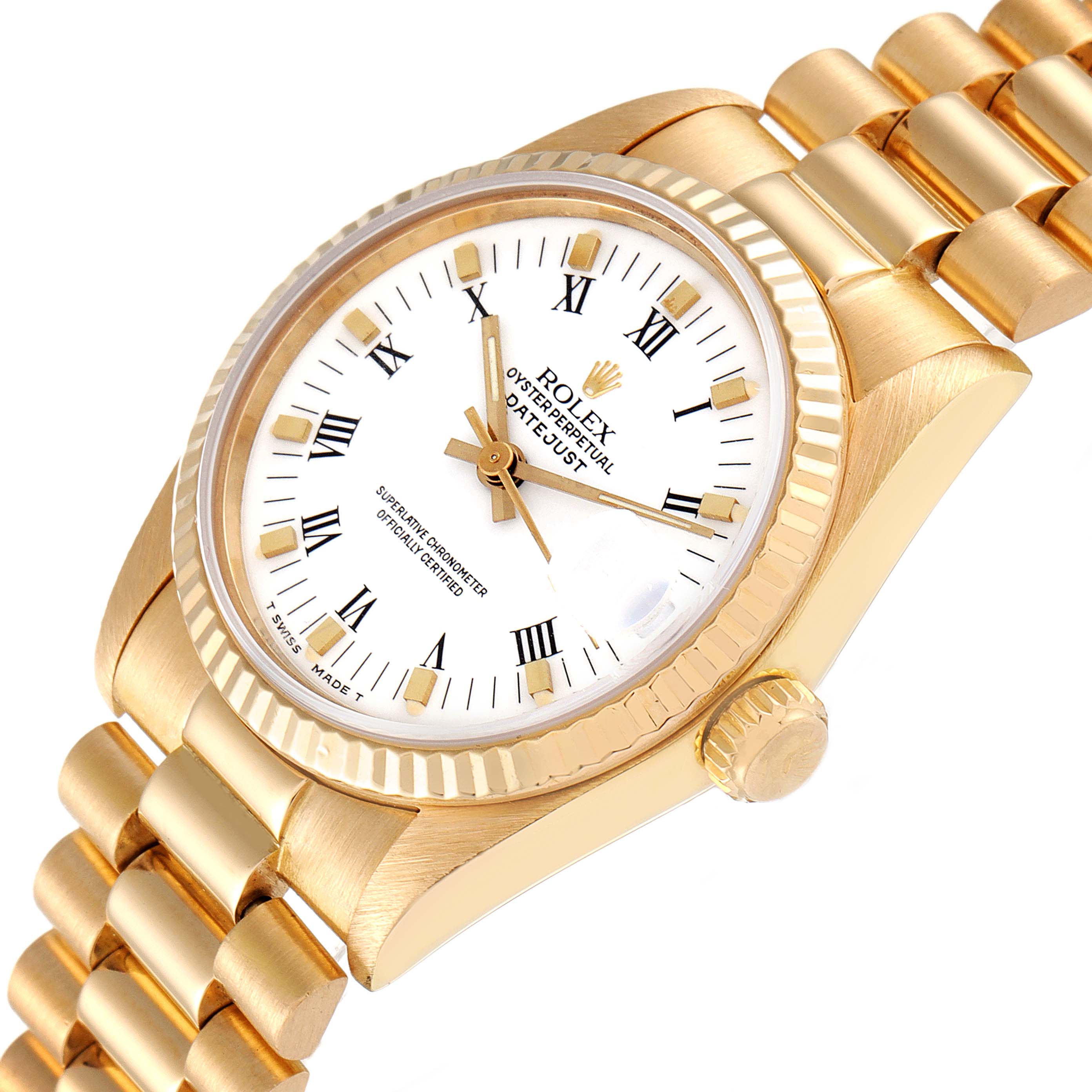The image shows a Rolex President 68278 Women's Yellow Gold White Dial 68278 Women's Yellow Gold White Dial model watch at an angled close-up, highlighting the face, bezel, crown, and part of the bracelet.
