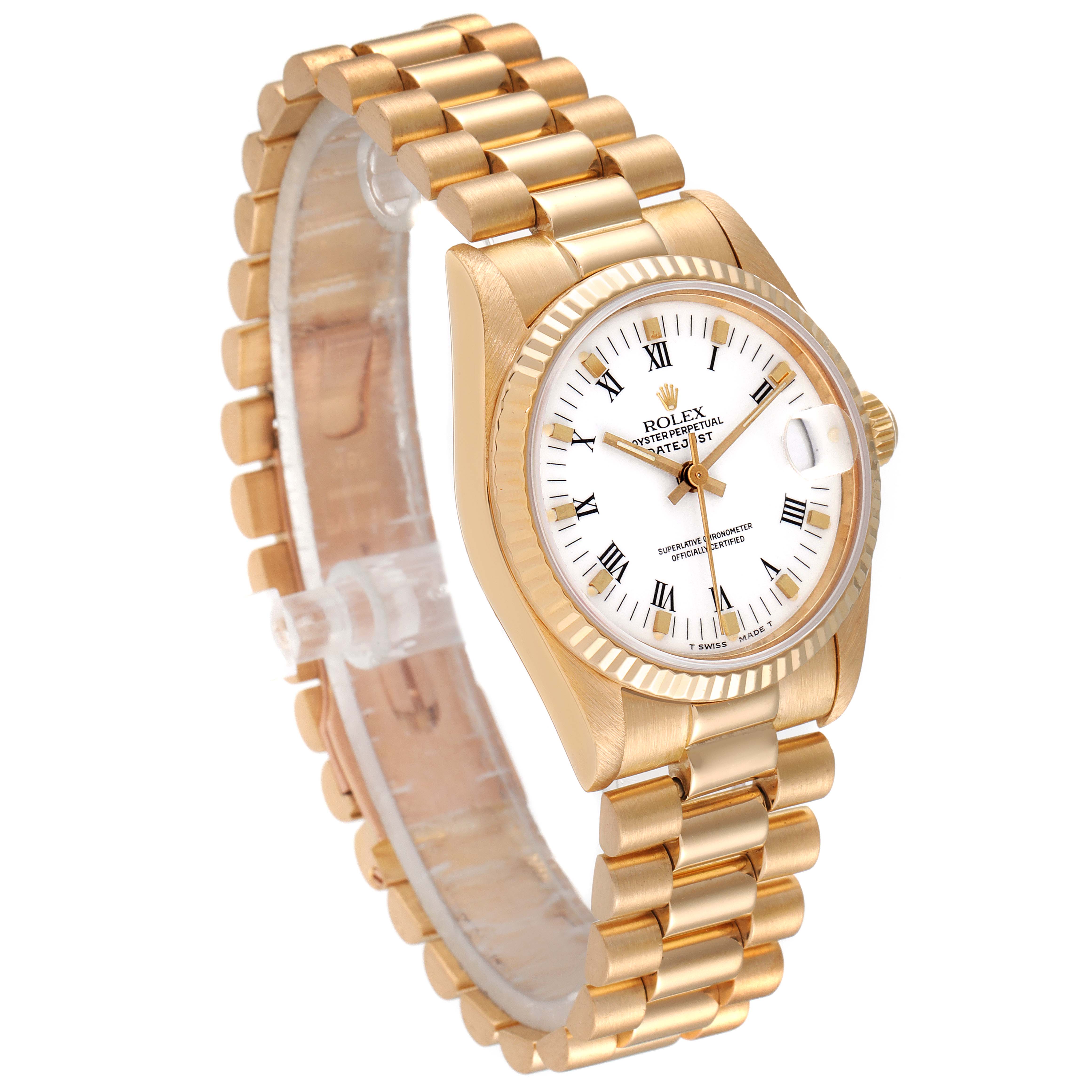This image shows a Rolex President 68278 Women's Yellow Gold White Dial 68278 Women's Yellow Gold White Dial model watch at a three-quarter angle, highlighting its gold case, bracelet, and white dial with Roman numerals.