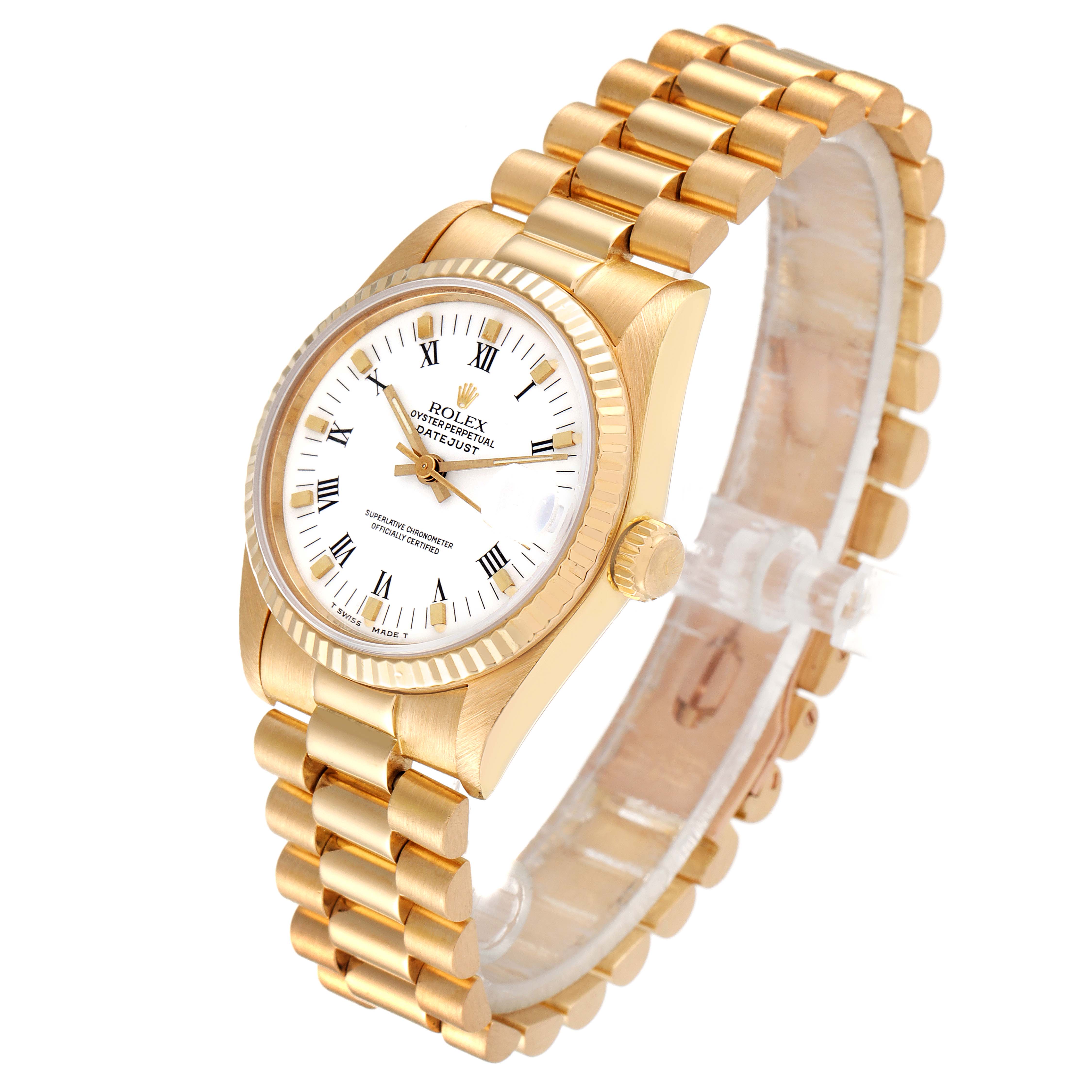 The Rolex President 68278 Women's Yellow Gold White Dial 68278 Women's Yellow Gold White Dial model watch is shown at a three-quarter angle, displaying the dial, bezel, crown, and bracelet.