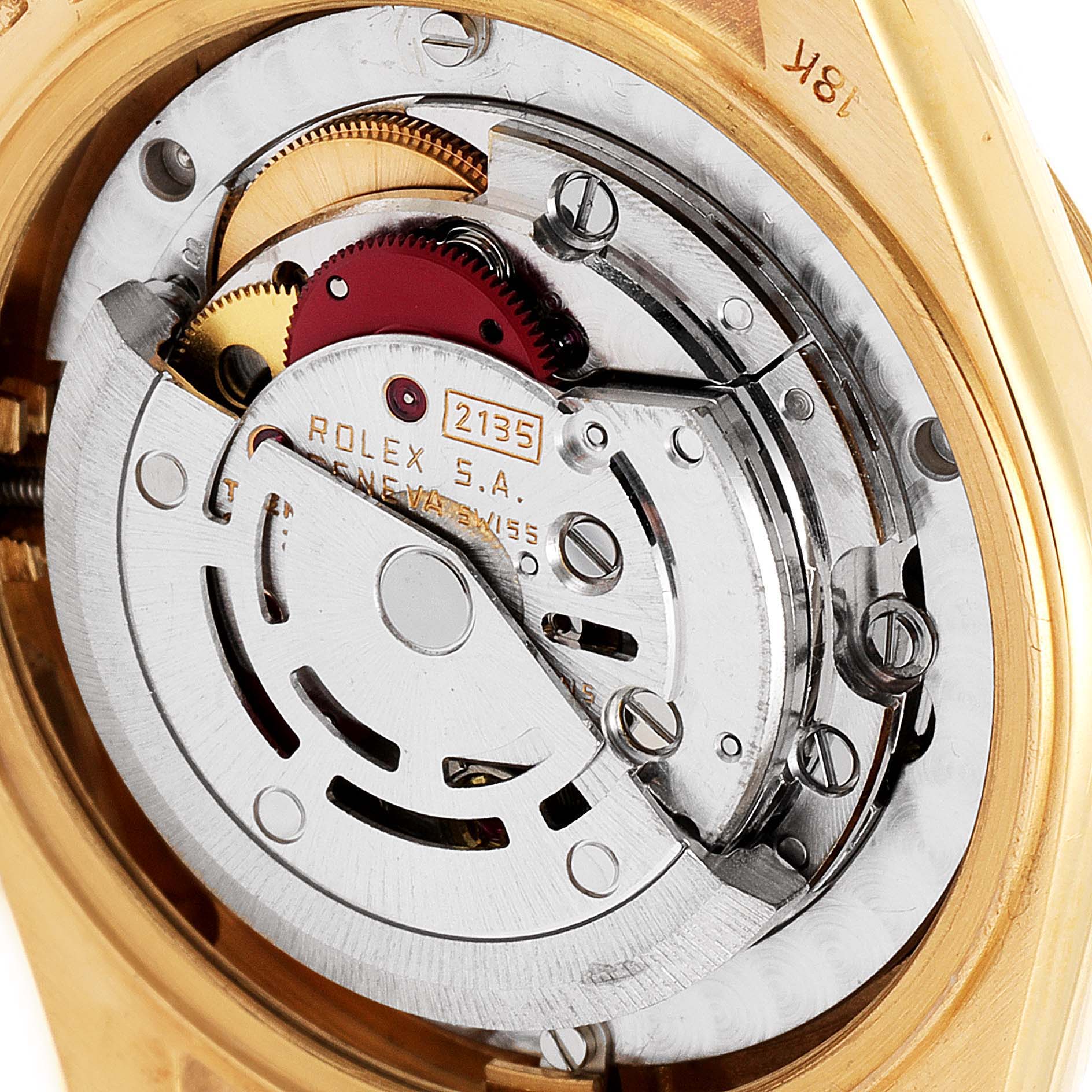 The image shows a close-up view of the movement mechanism from the back of a Rolex President 68278 Women's Yellow Gold White Dial 68278 Women's Yellow Gold White Dial model watch.