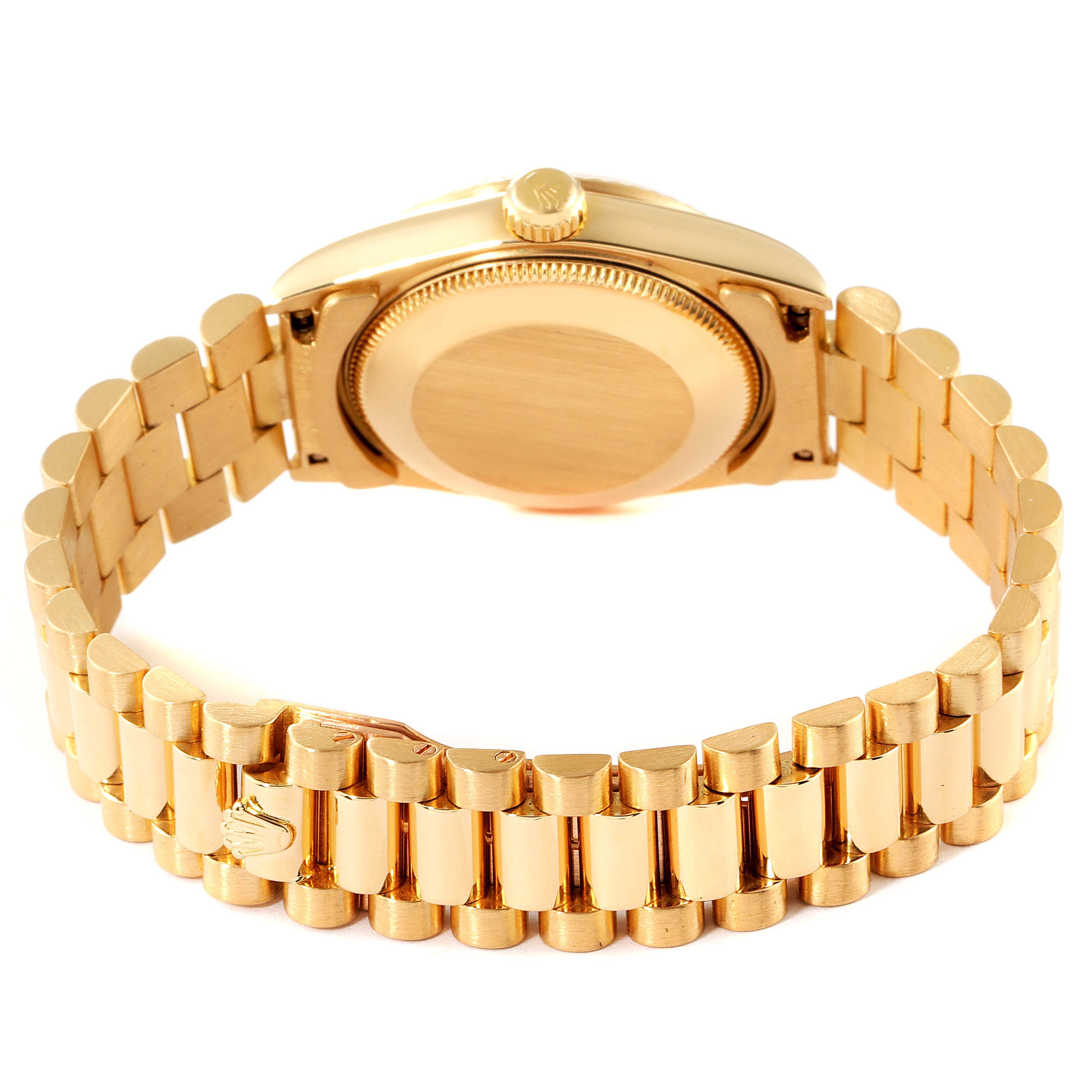 The image shows the back view of a Rolex President 68278 Women's Yellow Gold White Dial 68278 Women's Yellow Gold White Dial model watch, highlighting the bracelet and case back.