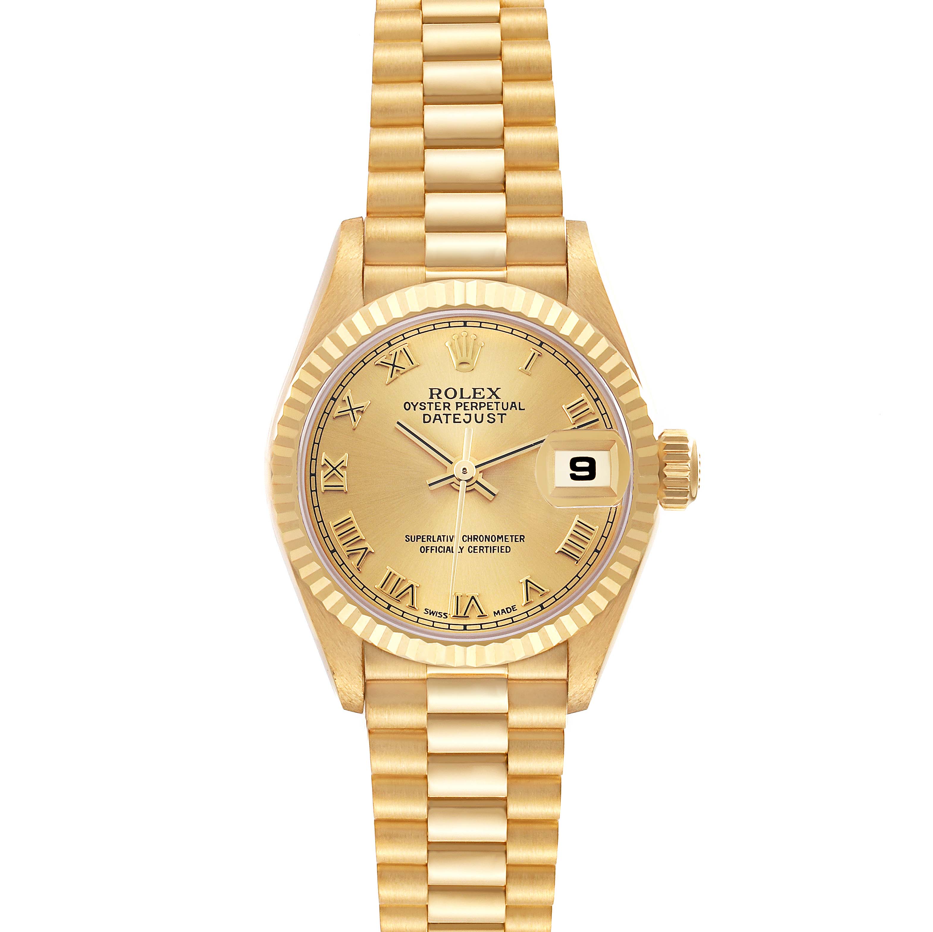 The Rolex President 79178 Women's Yellow Gold Champagne Dial 79178 Women's Yellow Gold Champagne Dial watch is shown from a top-down angle, highlighting its dial, bezel, bracelet, and date function.