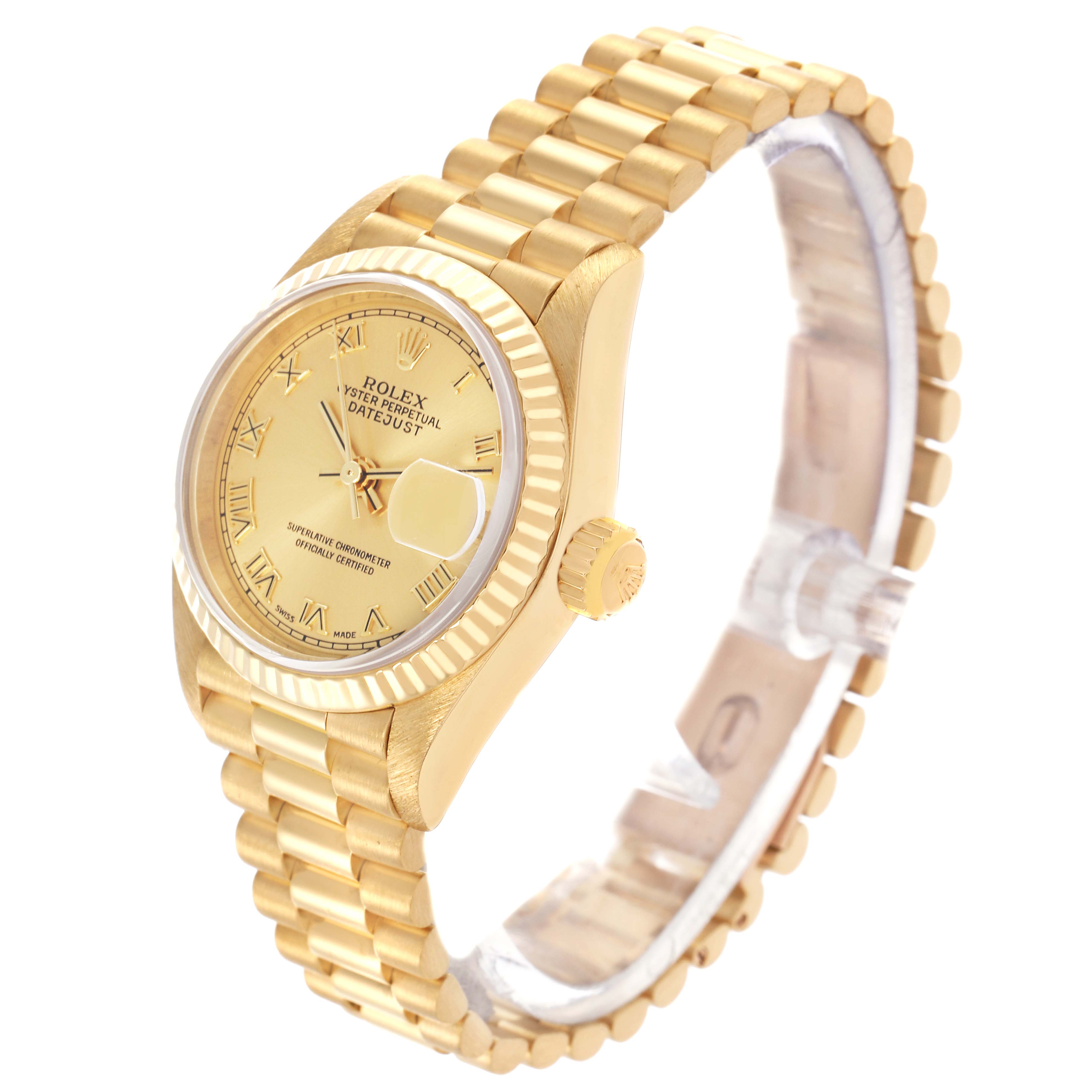 The Rolex President 79178 Women's Yellow Gold Champagne Dial 79178 Women's Yellow Gold Champagne Dial model watch is shown at a slight angle, highlighting the face, bezel, crown, and bracelet.