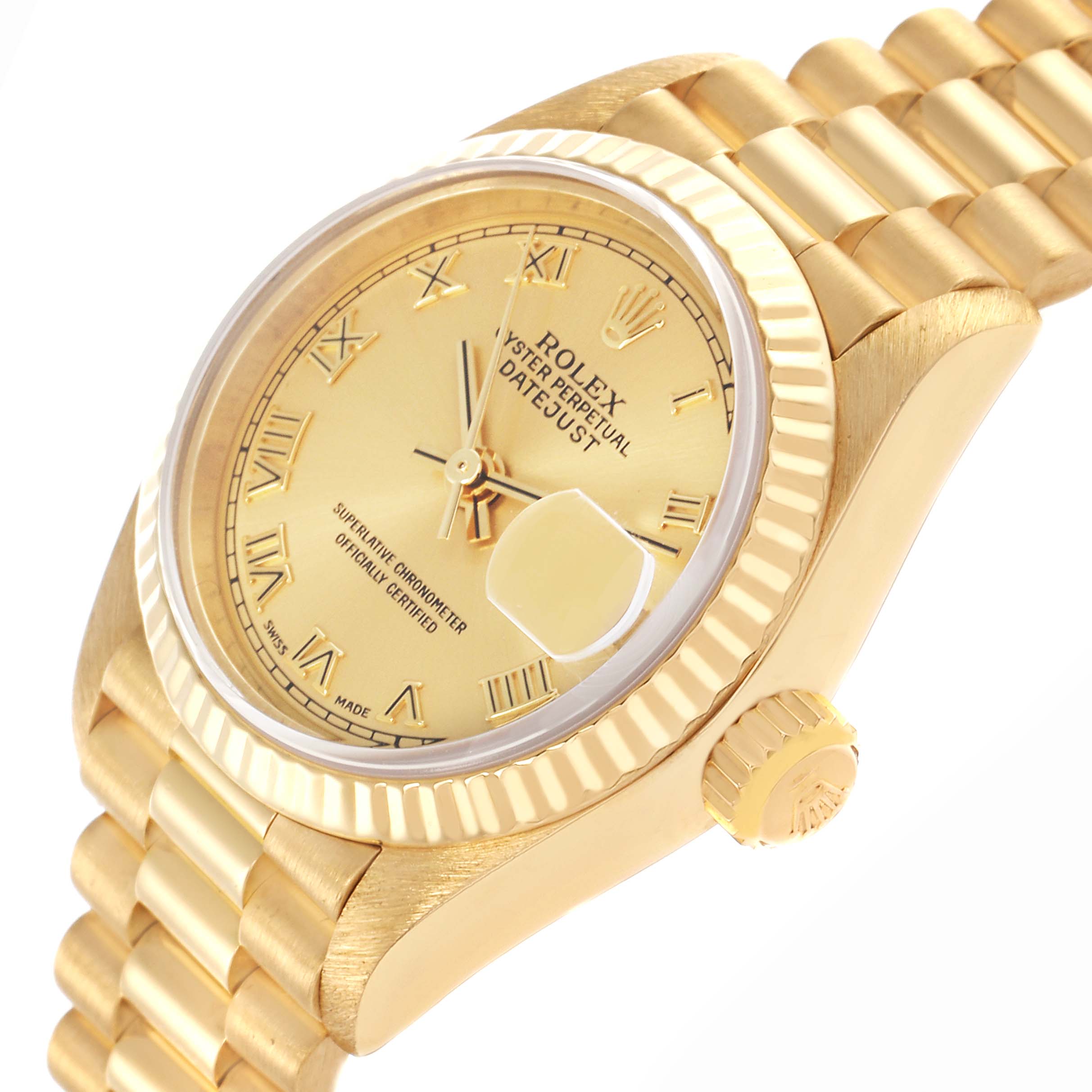 The Rolex President 79178 Women's Yellow Gold Champagne Dial 79178 Women's Yellow Gold Champagne Dial model is shown at a slight angle, highlighting the gold case, bracelet, fluted bezel, and magnified date window.