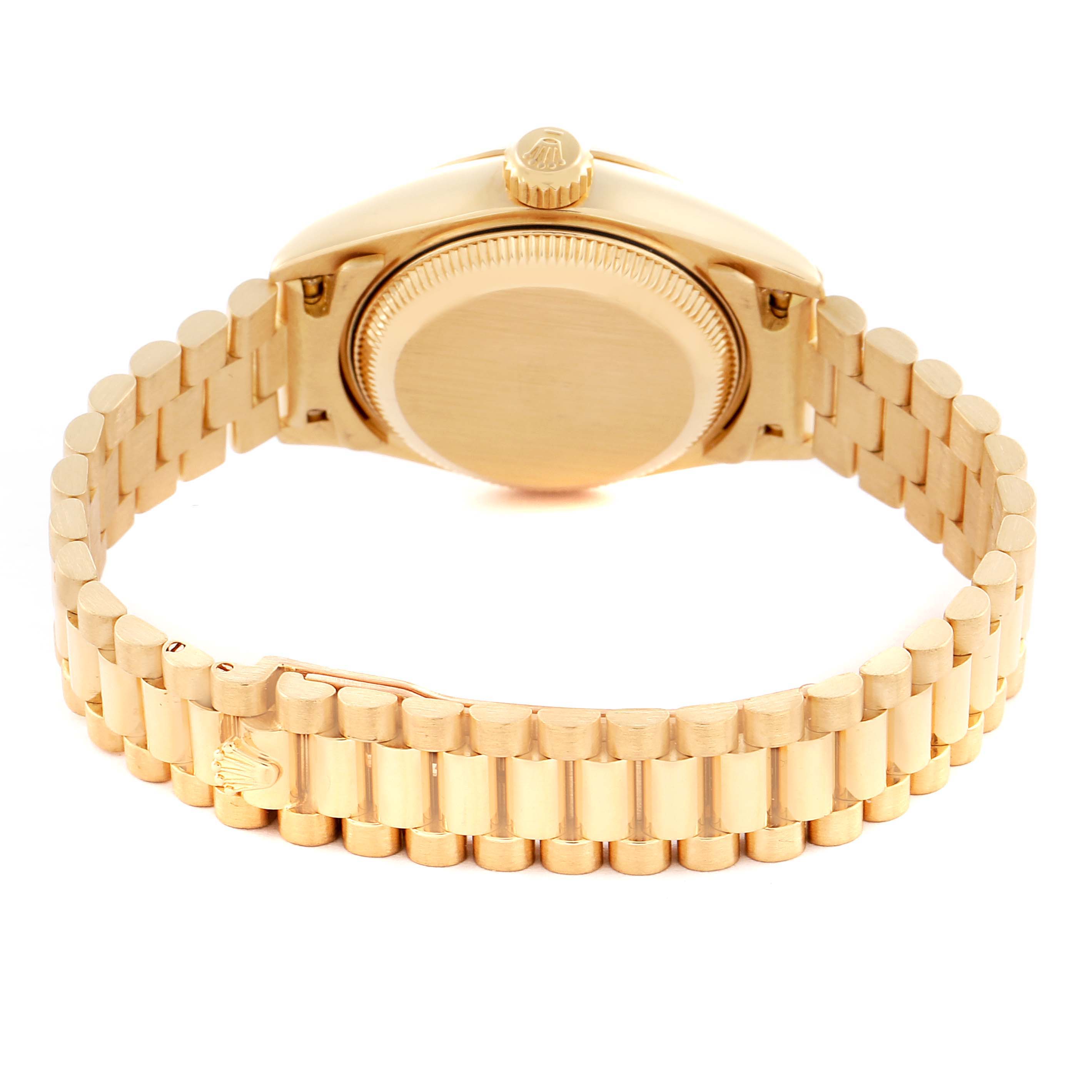 The Rolex President 79178 Women's Yellow Gold Champagne Dial 79178 Women's Yellow Gold Champagne Dial model watch is shown from the back, highlighting the clasp and bracelet.